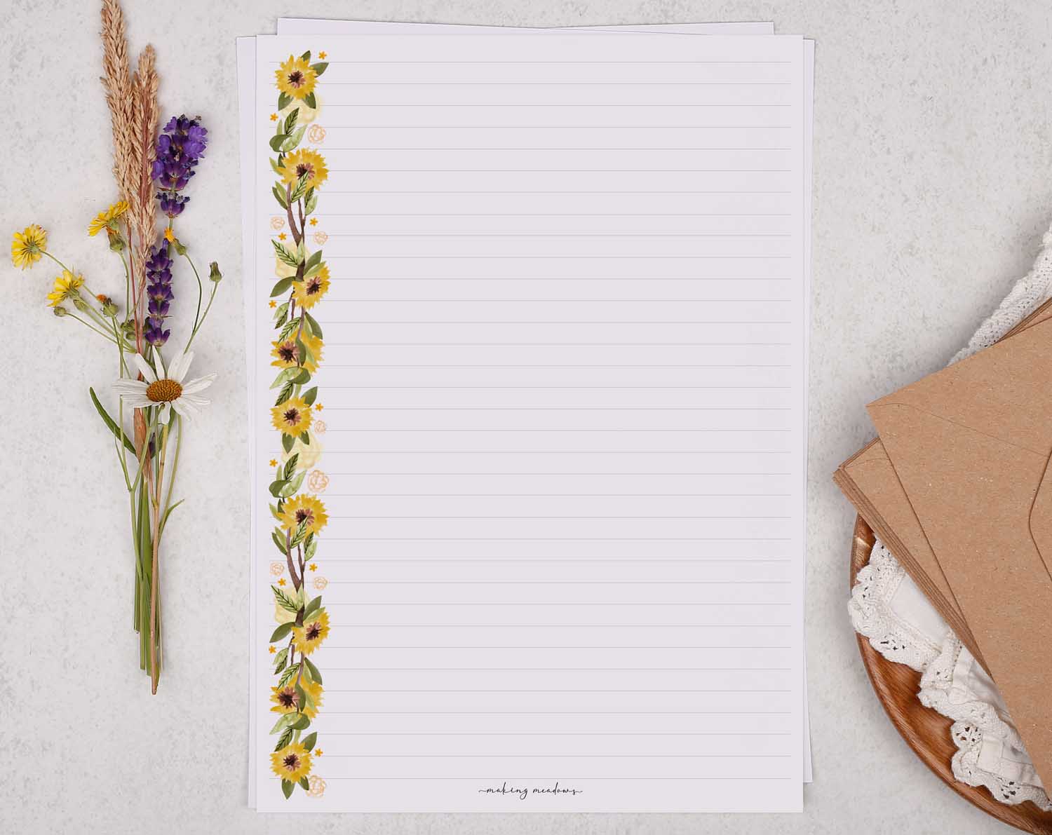A4 writing paper with sunflower border. Stationery designed by Making Meadows