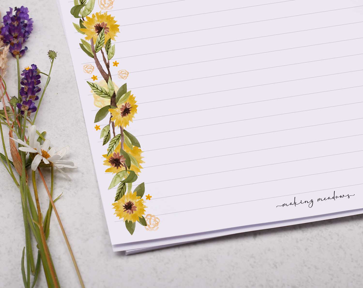 A4 writing paper with sunflower border. Stationery designed by Making Meadows