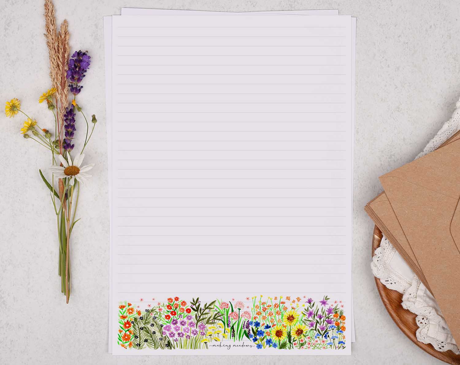 A4 writing paper with watercolour flower garden. Stationery designed by Making Meadows
