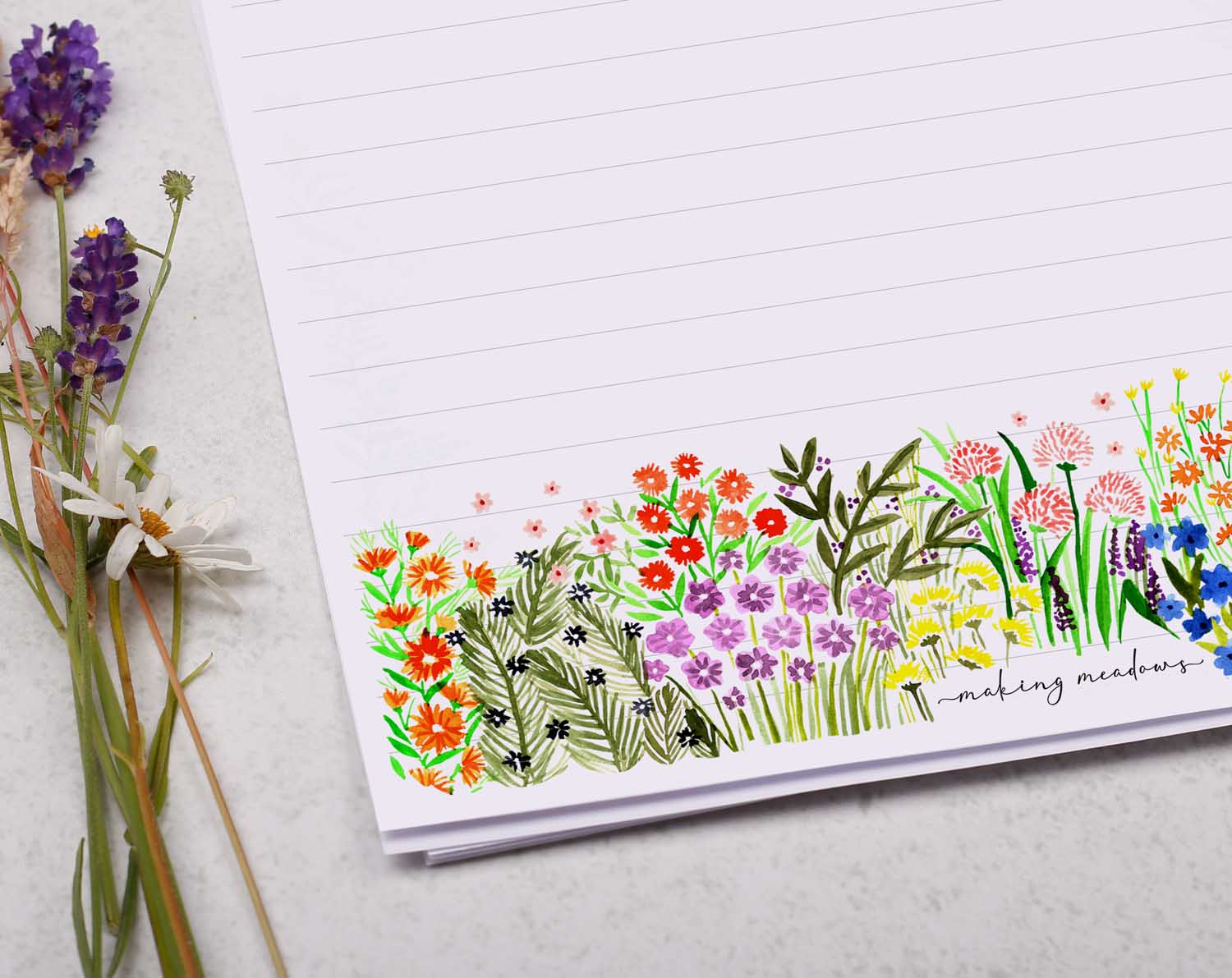 A4 writing paper with watercolour flower garden. Stationery designed by Making Meadows