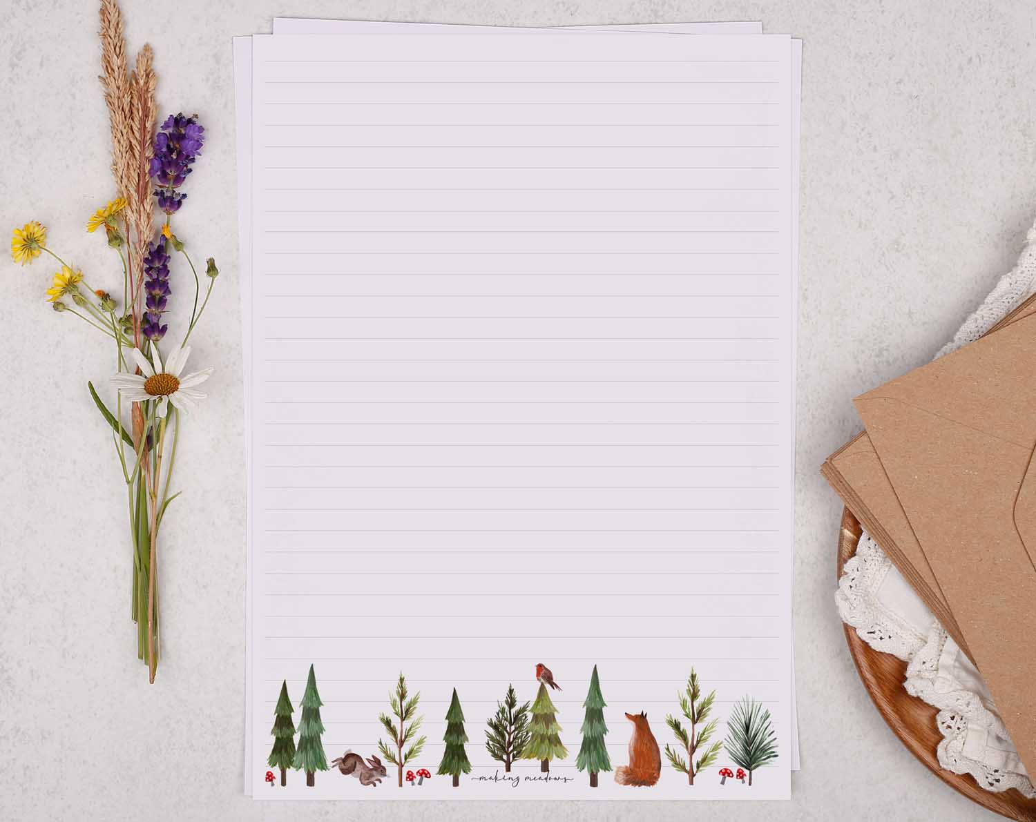 A4 writing paper with woodland animals. Stationery designed by Making Meadows