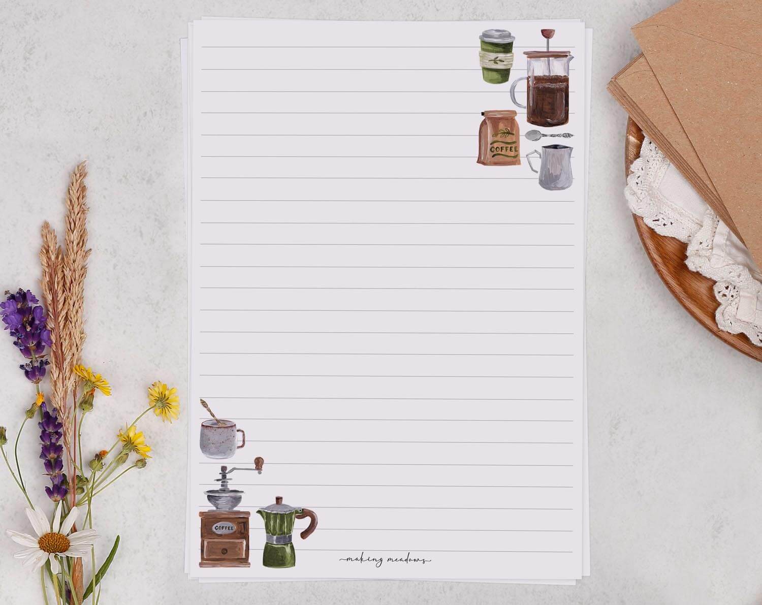 A5 Writing Paper with Coffee Making Design. Stationery designed by Making Meadows