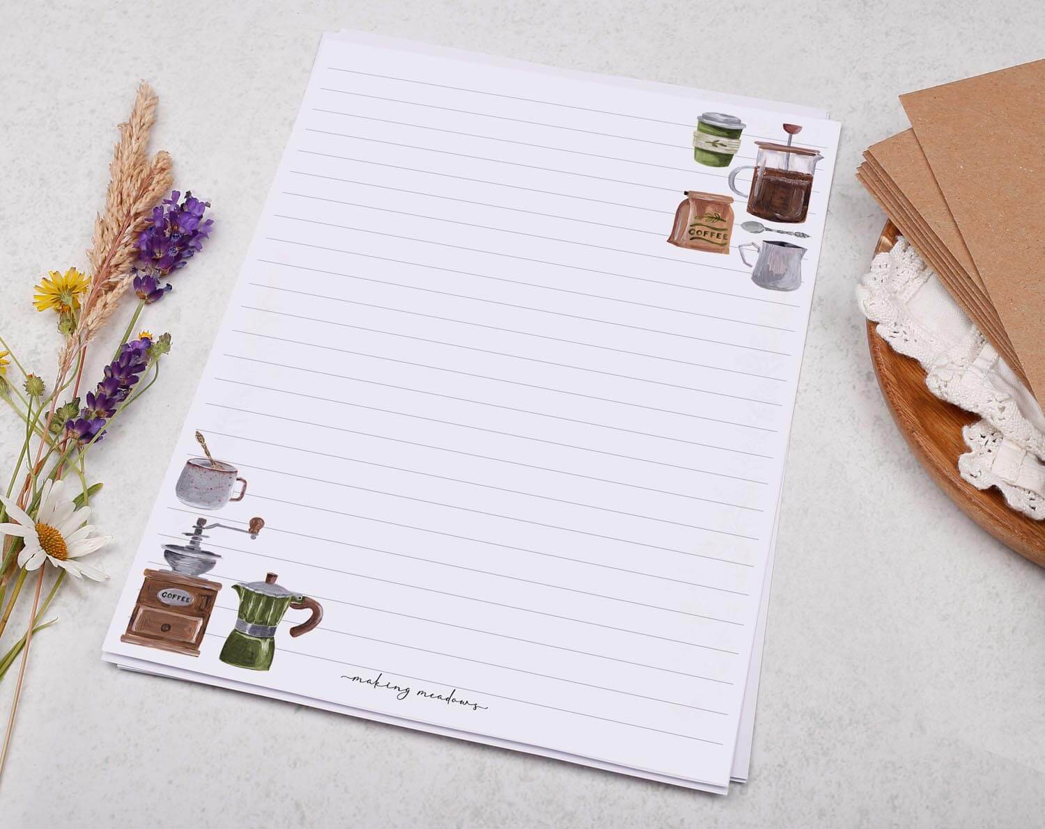 A5 Writing Paper with Coffee Making Design. Stationery designed by Making Meadows