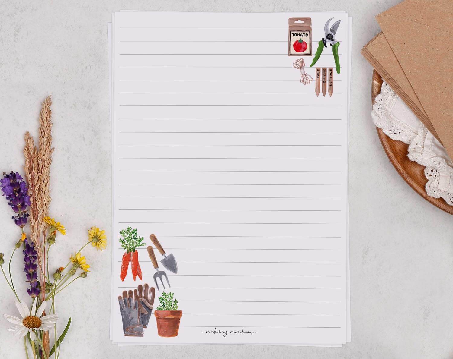 A5 Writing Paper with Vegetable Gardening Design. Stationery designed by Making Meadows