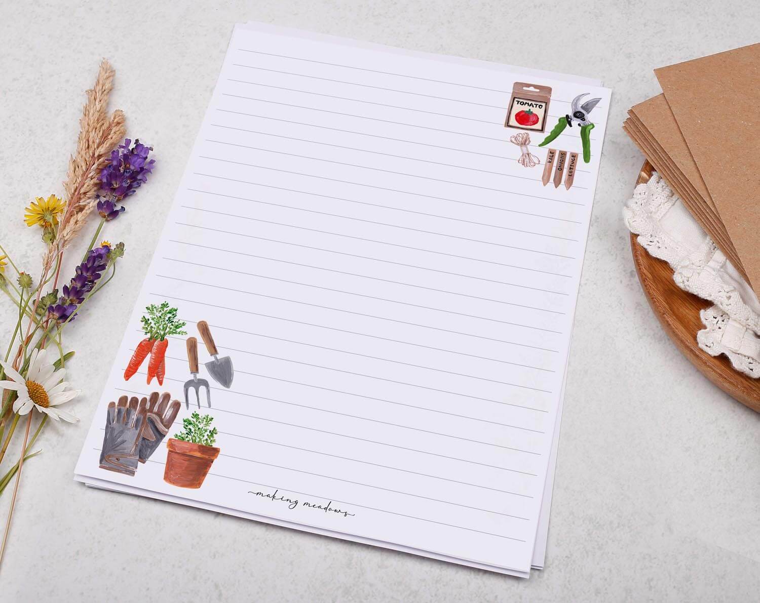 A5 Writing Paper with Vegetable Gardening Design. Stationery designed by Making Meadows