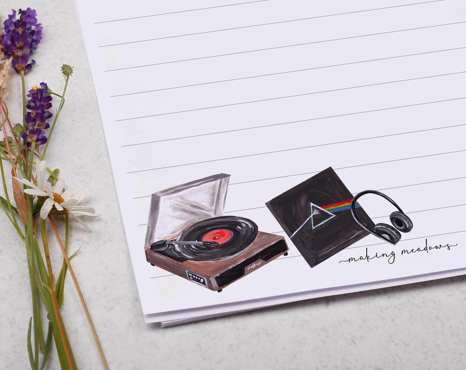 A5 Writing Paper with Vintage Vinyl Records. Stationery designed by Making Meadows