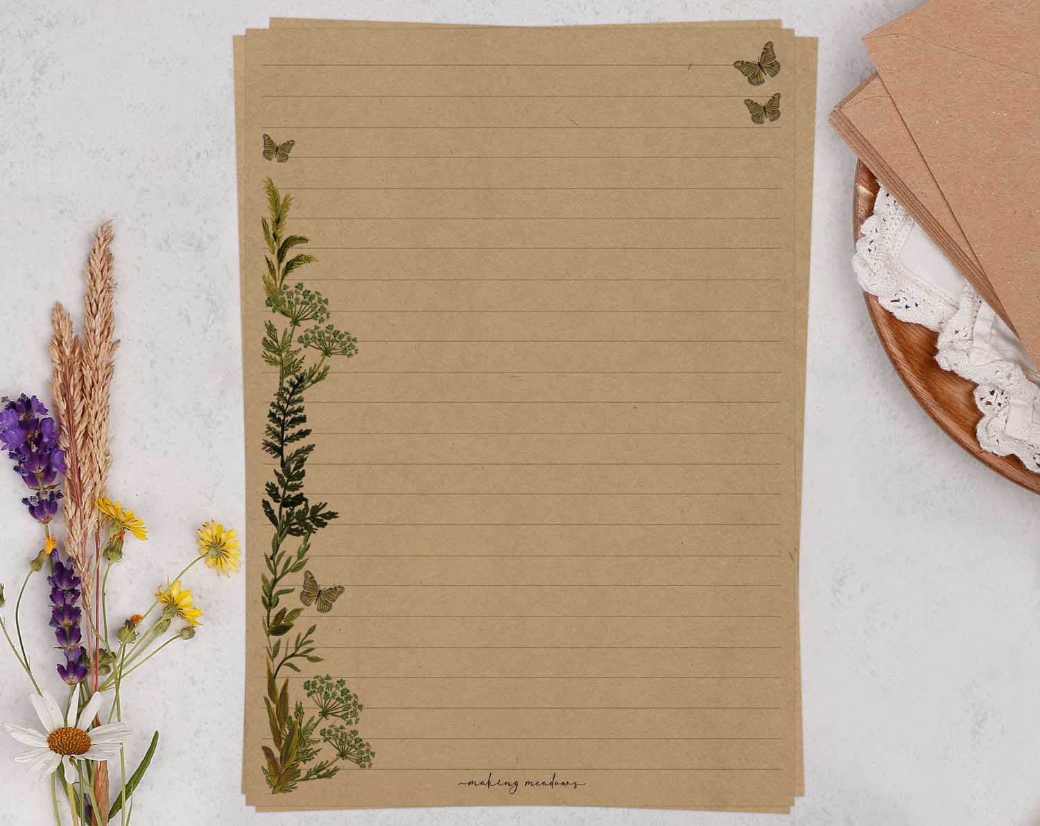 A5 kraft writing paper with botanical leaves. Stationery designed by Making Meadows