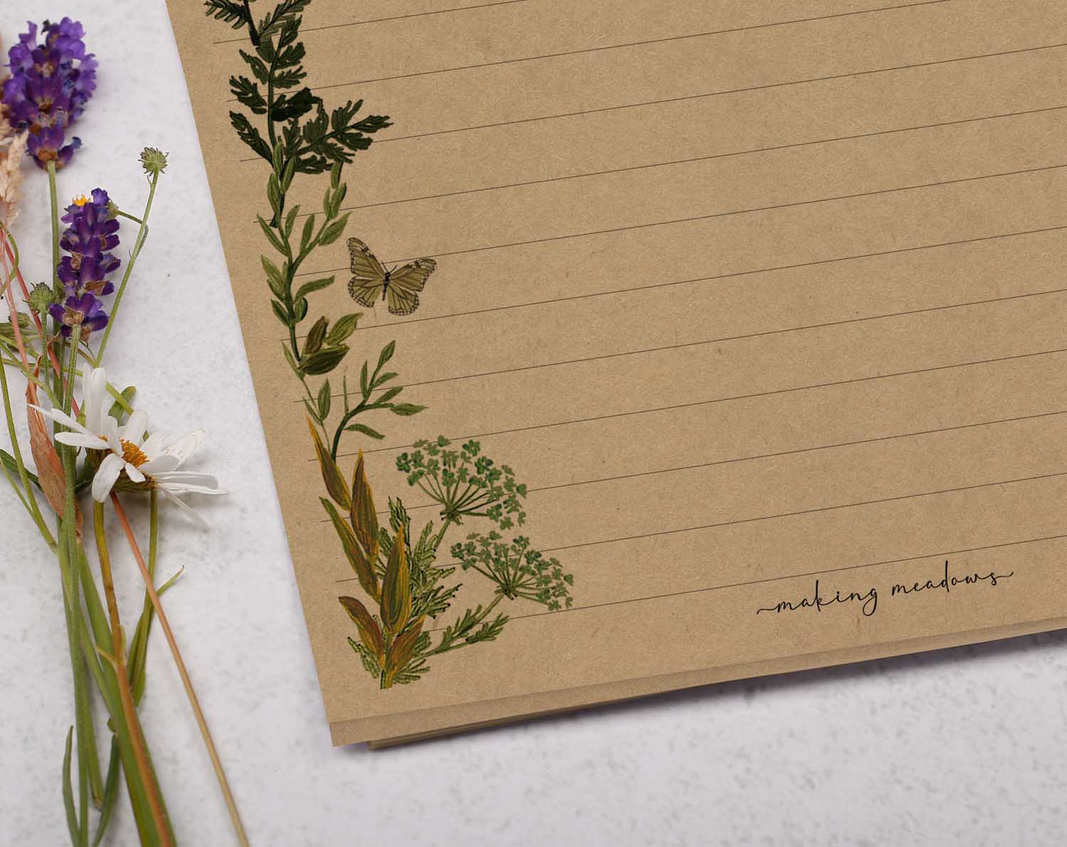 A5 kraft writing paper with botanical leaves. Stationery designed by Making Meadows