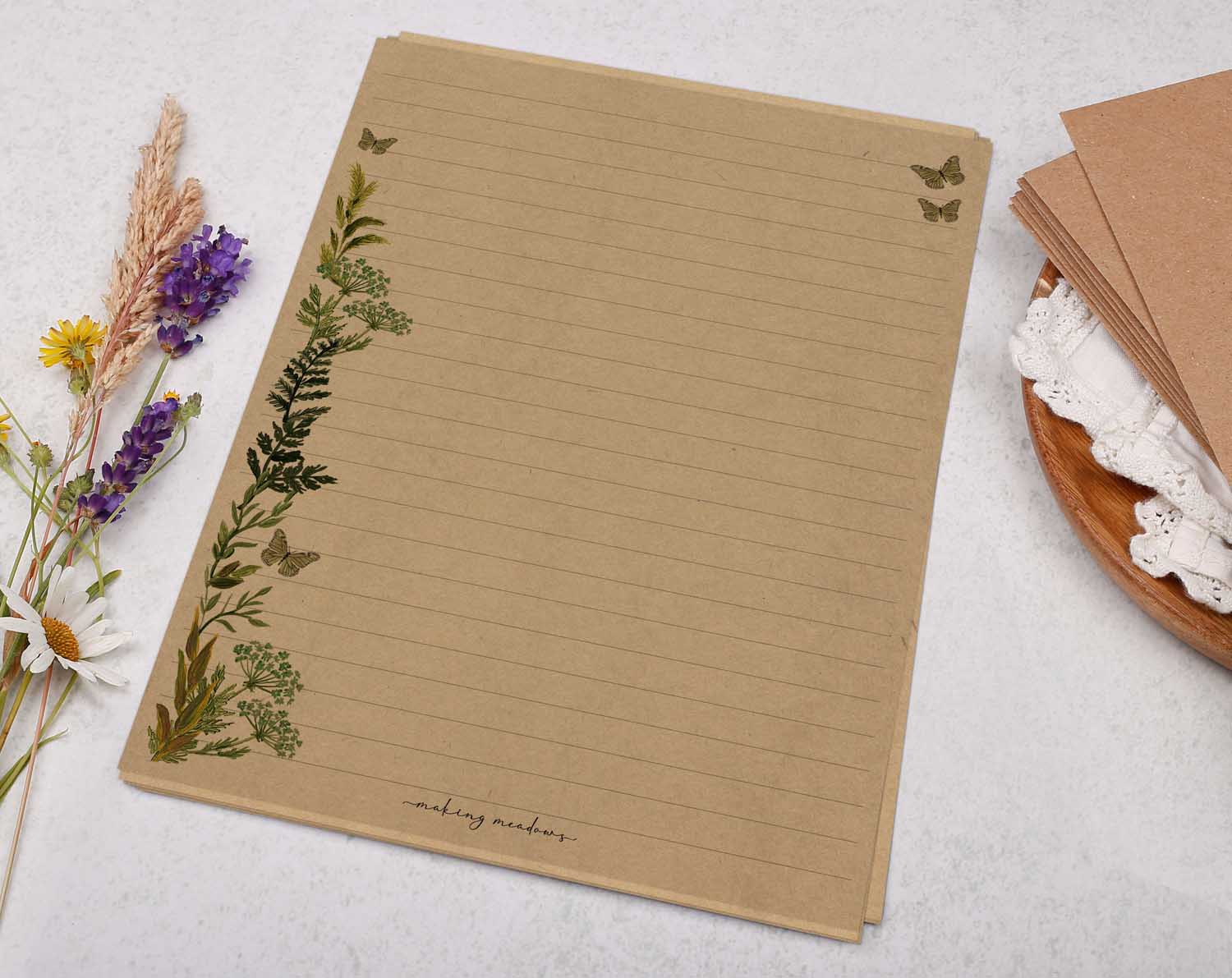 A5 kraft writing paper with botanical leaves. Stationery designed by Making Meadows