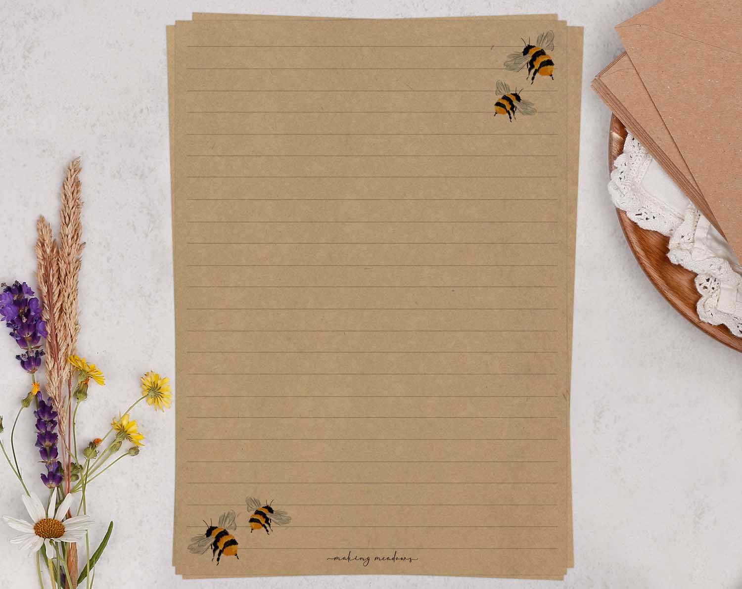 A5 kraft writing paper with bumble bees. Stationery designed by Making Meadows