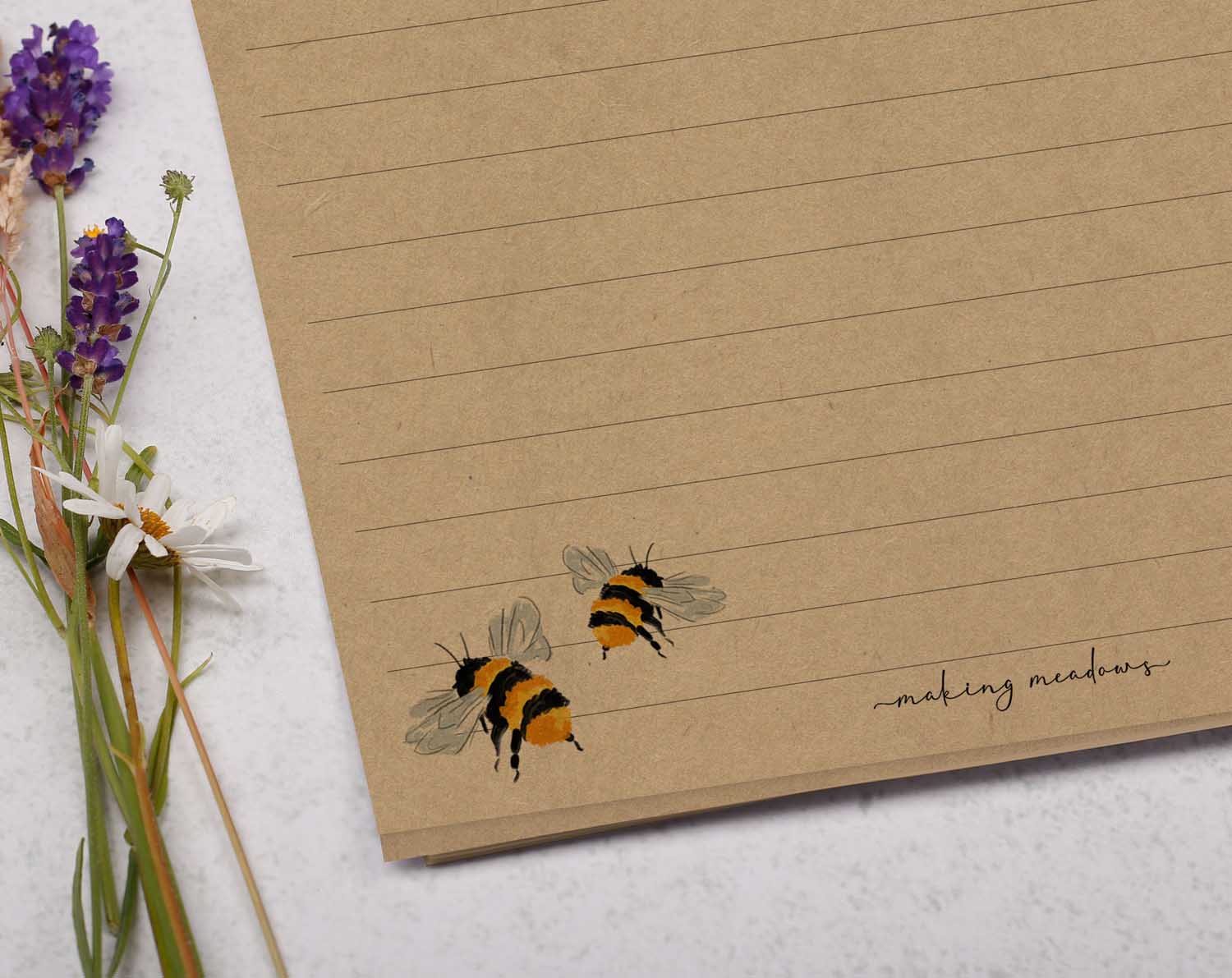 A5 kraft writing paper with bumble bees. Stationery designed by Making Meadows