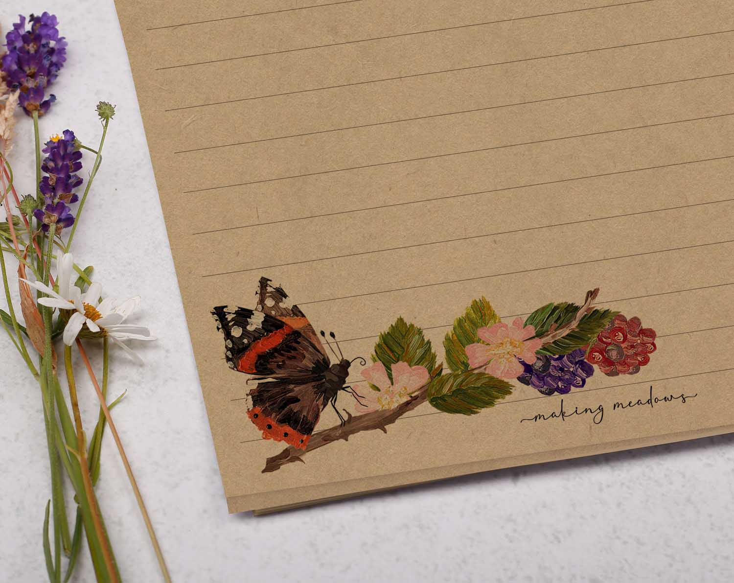 A5 kraft writing paper with butterflies. Stationery designed by Making Meadows
