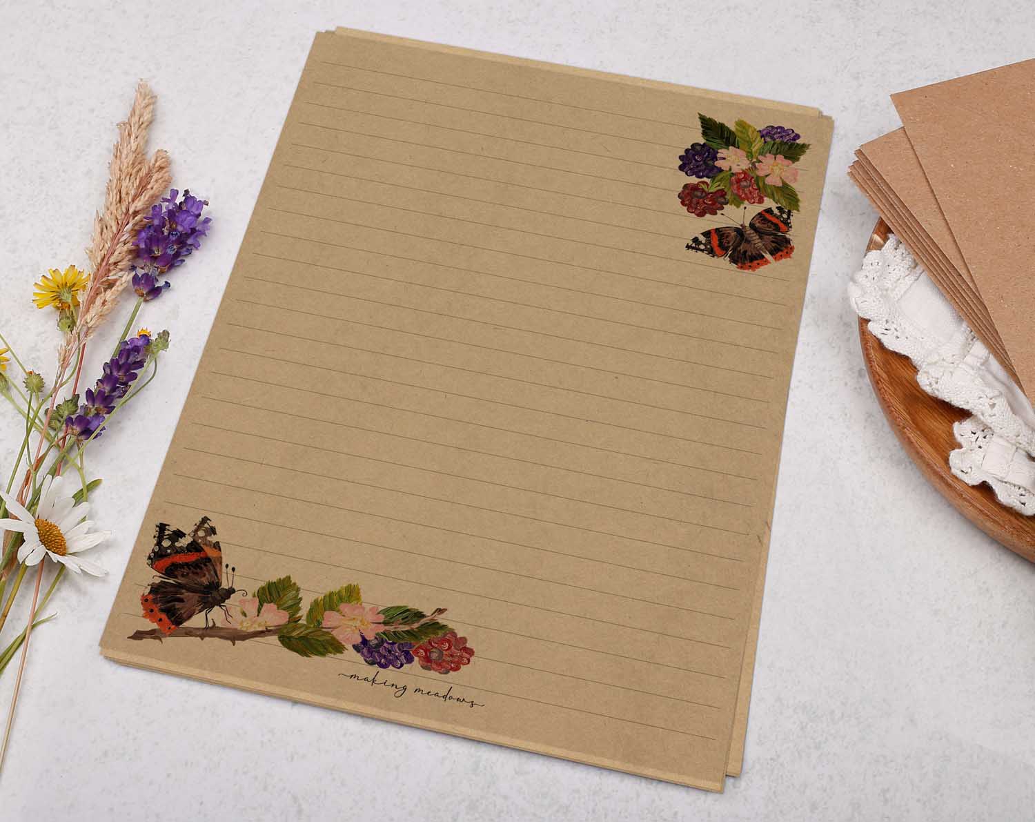 A5 kraft writing paper with butterflies. Stationery designed by Making Meadows