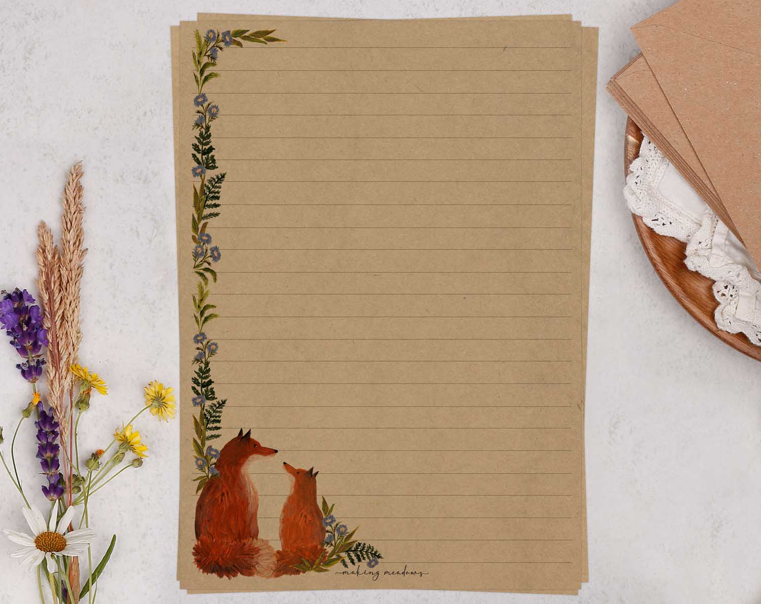 A5 kraft writing paper with fox & flowers. Stationery designed by Making Meadows