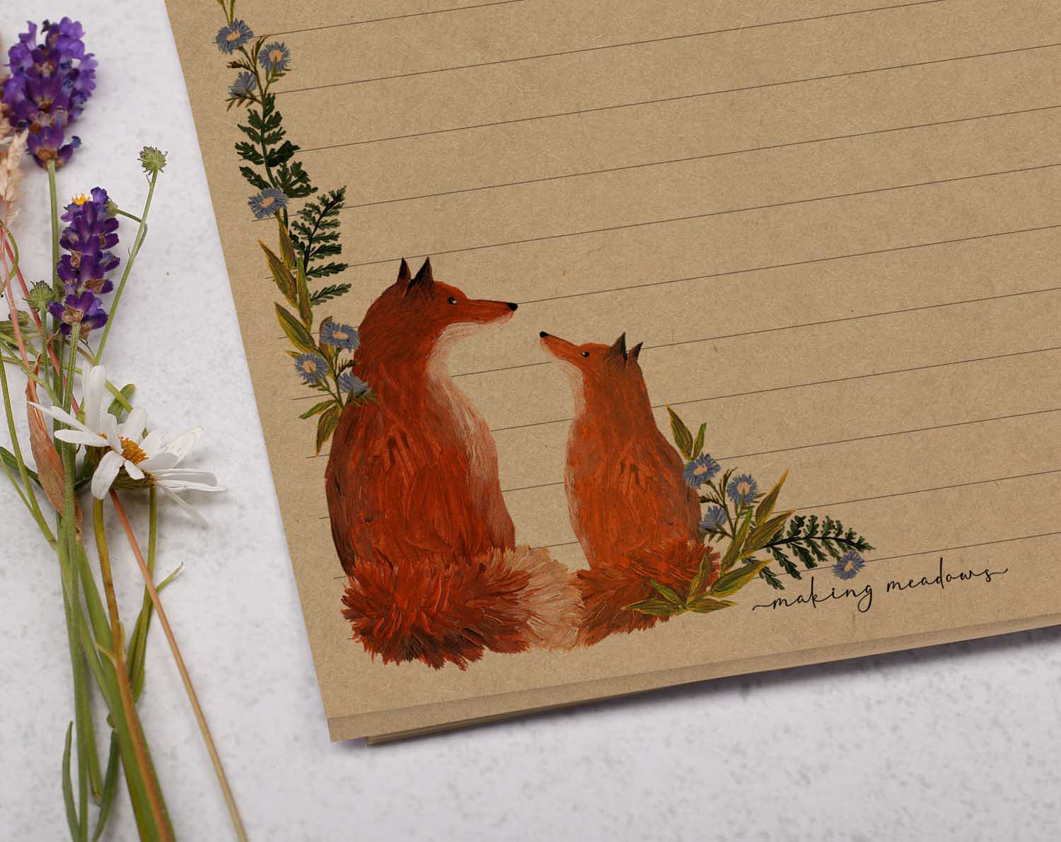 A5 kraft writing paper with fox & flowers. Stationery designed by Making Meadows