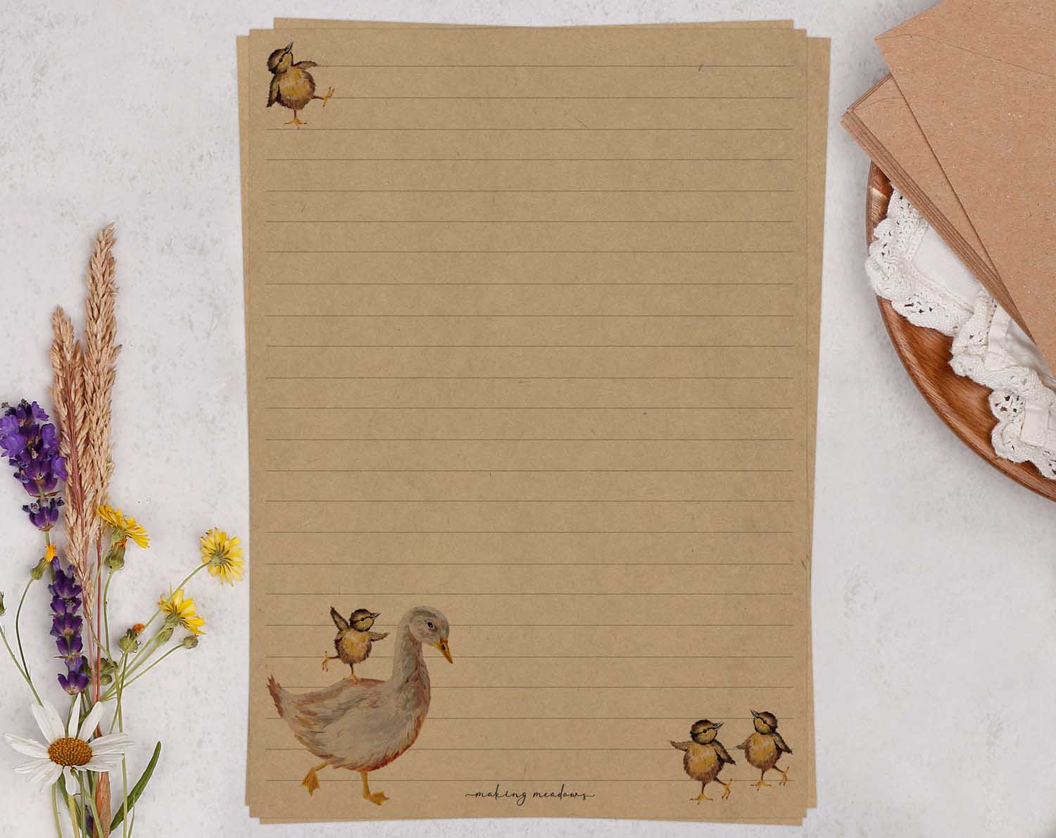 A5 kraft writing paper with goose and ducklings. Stationery designed by Making Meadows