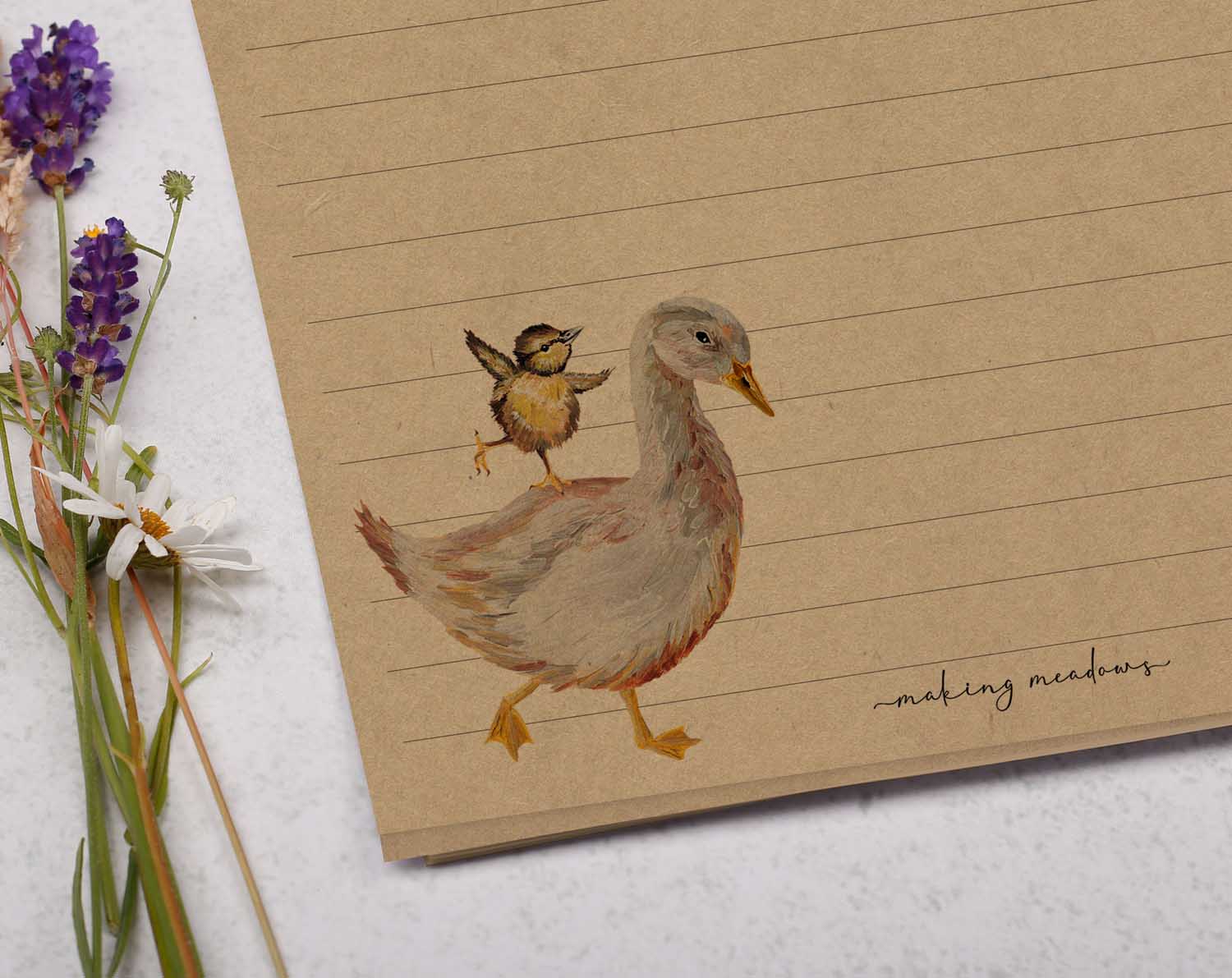 A5 kraft writing paper with goose and ducklings. Stationery designed by Making Meadows