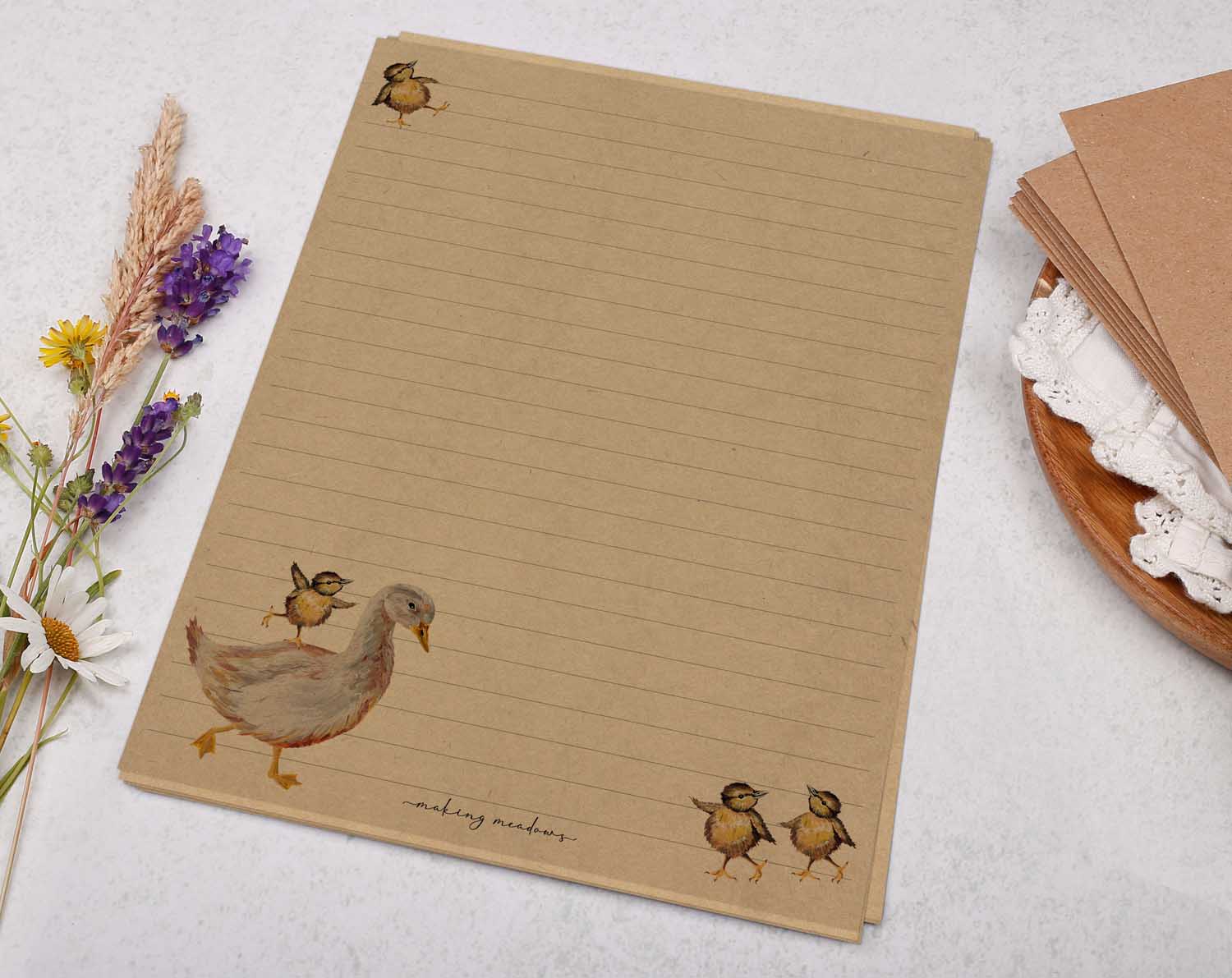A5 kraft writing paper with goose and ducklings. Stationery designed by Making Meadows