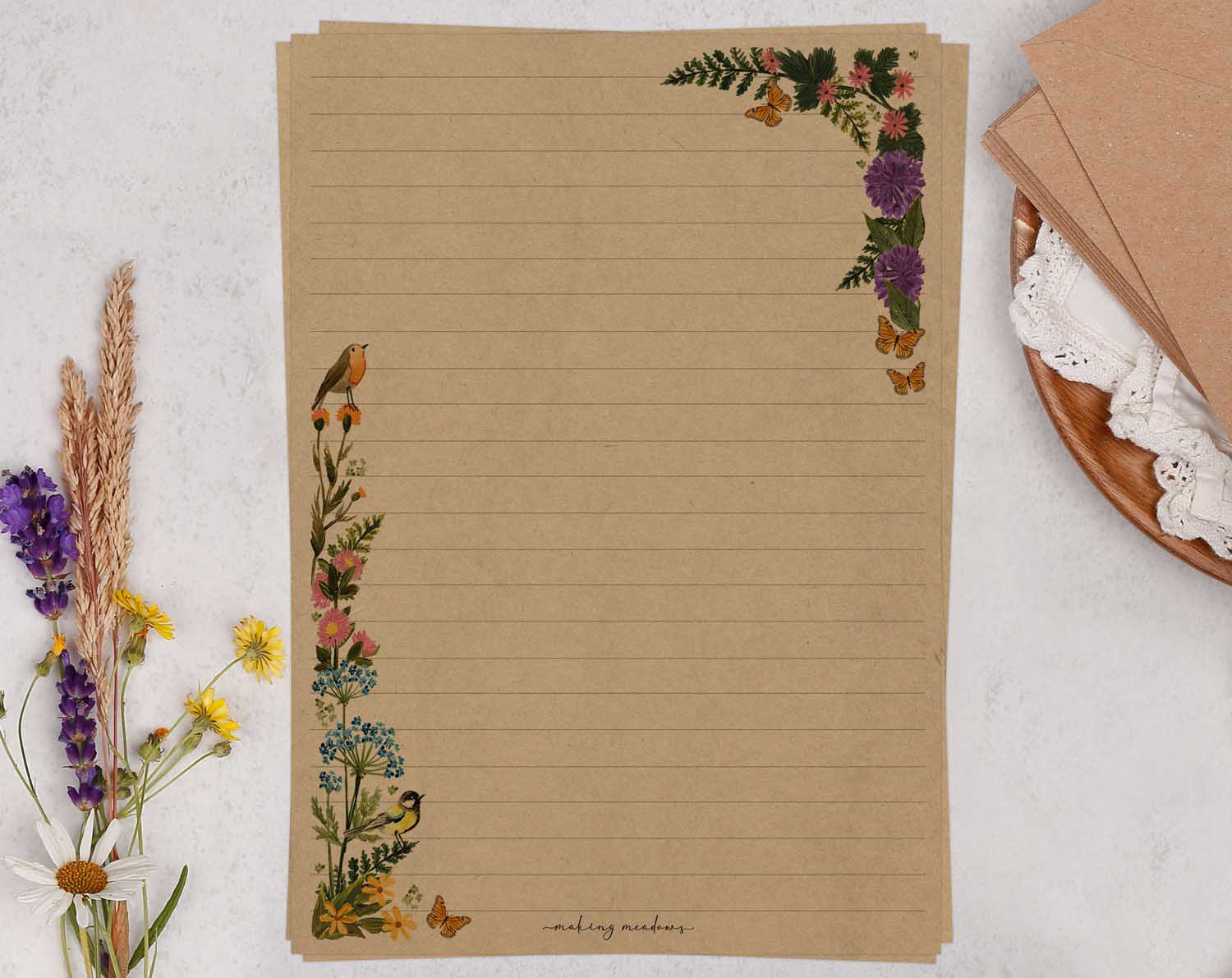 A5 kraft writing paper with meadow flowers. Stationery designed by Making Meadows