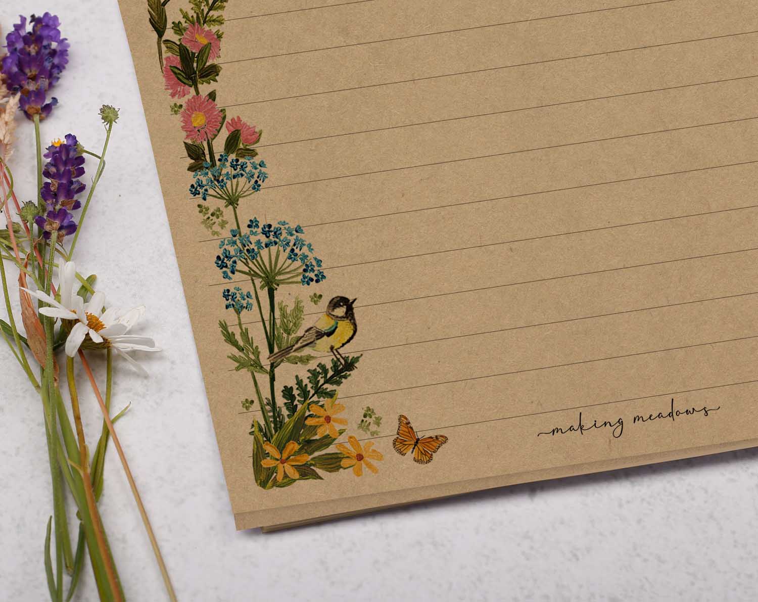A5 kraft writing paper with meadow flowers. Stationery designed by Making Meadows