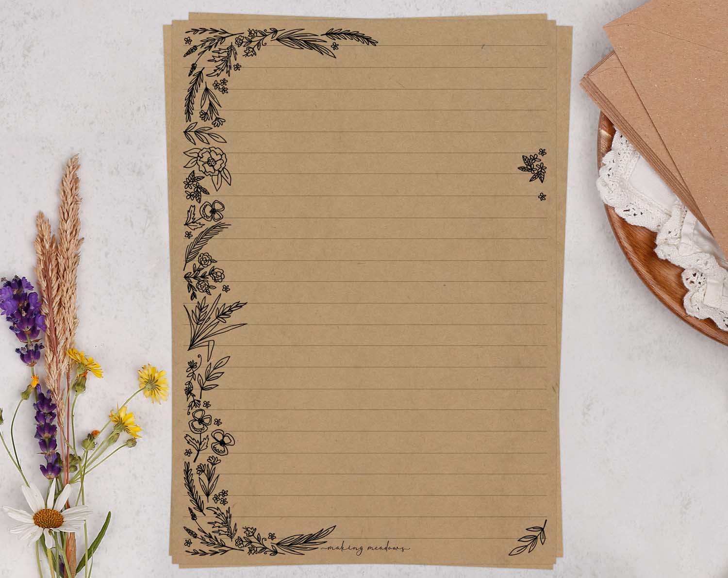 A5 kraft writing paper with monochrome florals. Stationery designed by Making Meadows