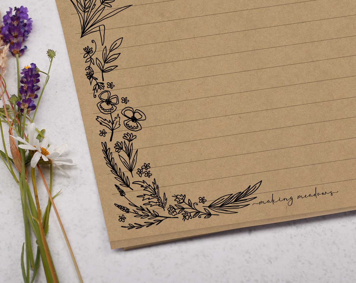 A5 kraft writing paper with monochrome florals. Stationery designed by Making Meadows