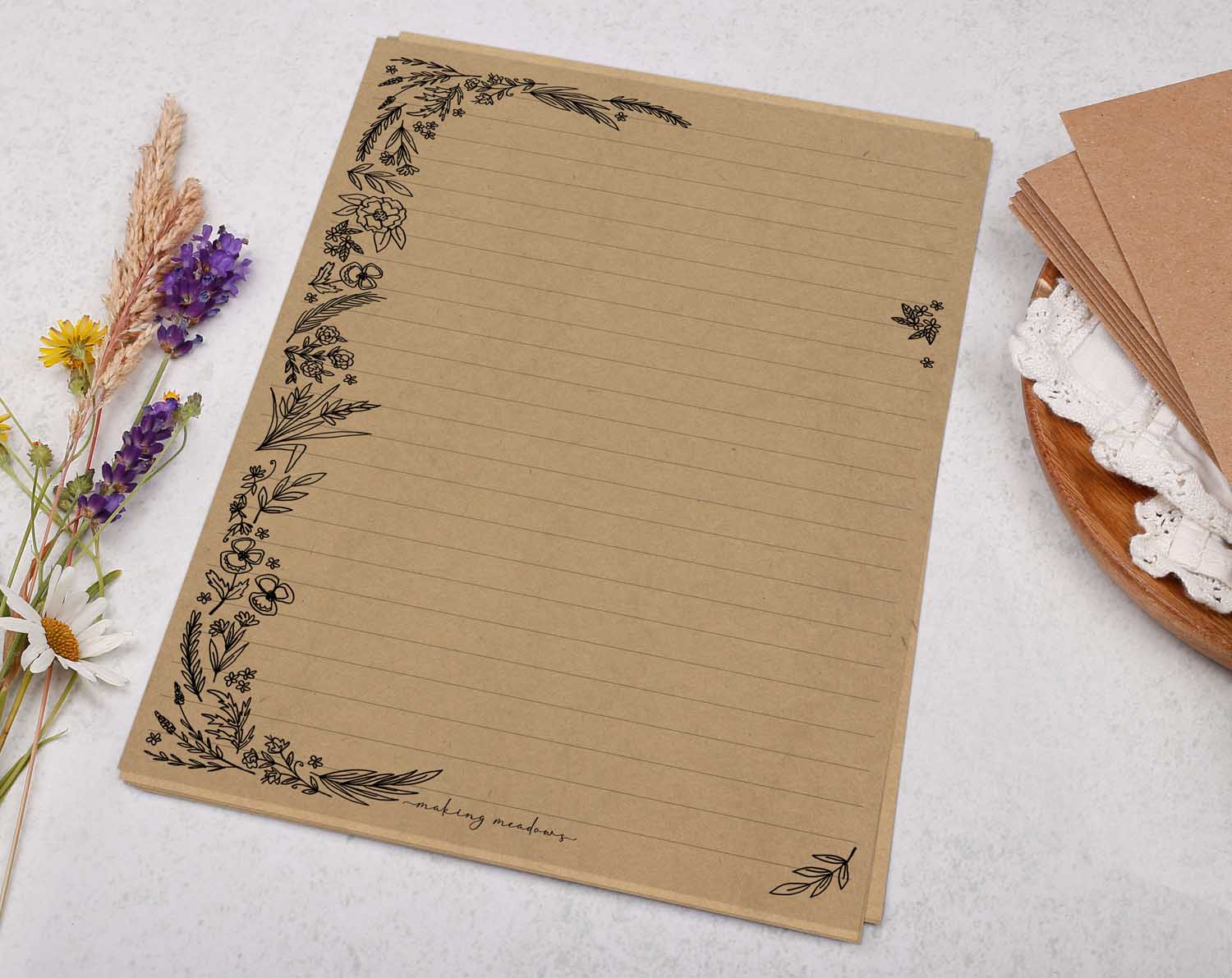 A5 kraft writing paper with monochrome florals. Stationery designed by Making Meadows