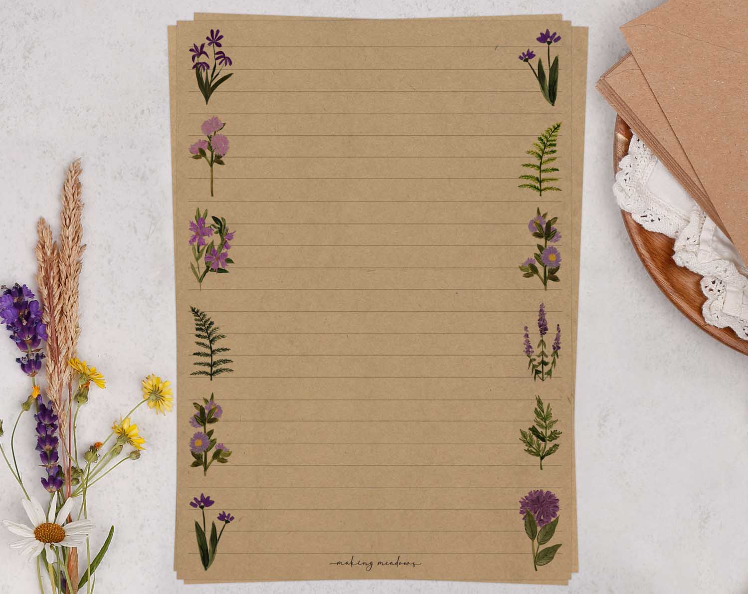 A5 kraft writing paper with purple flowers. Stationery designed by Making Meadows