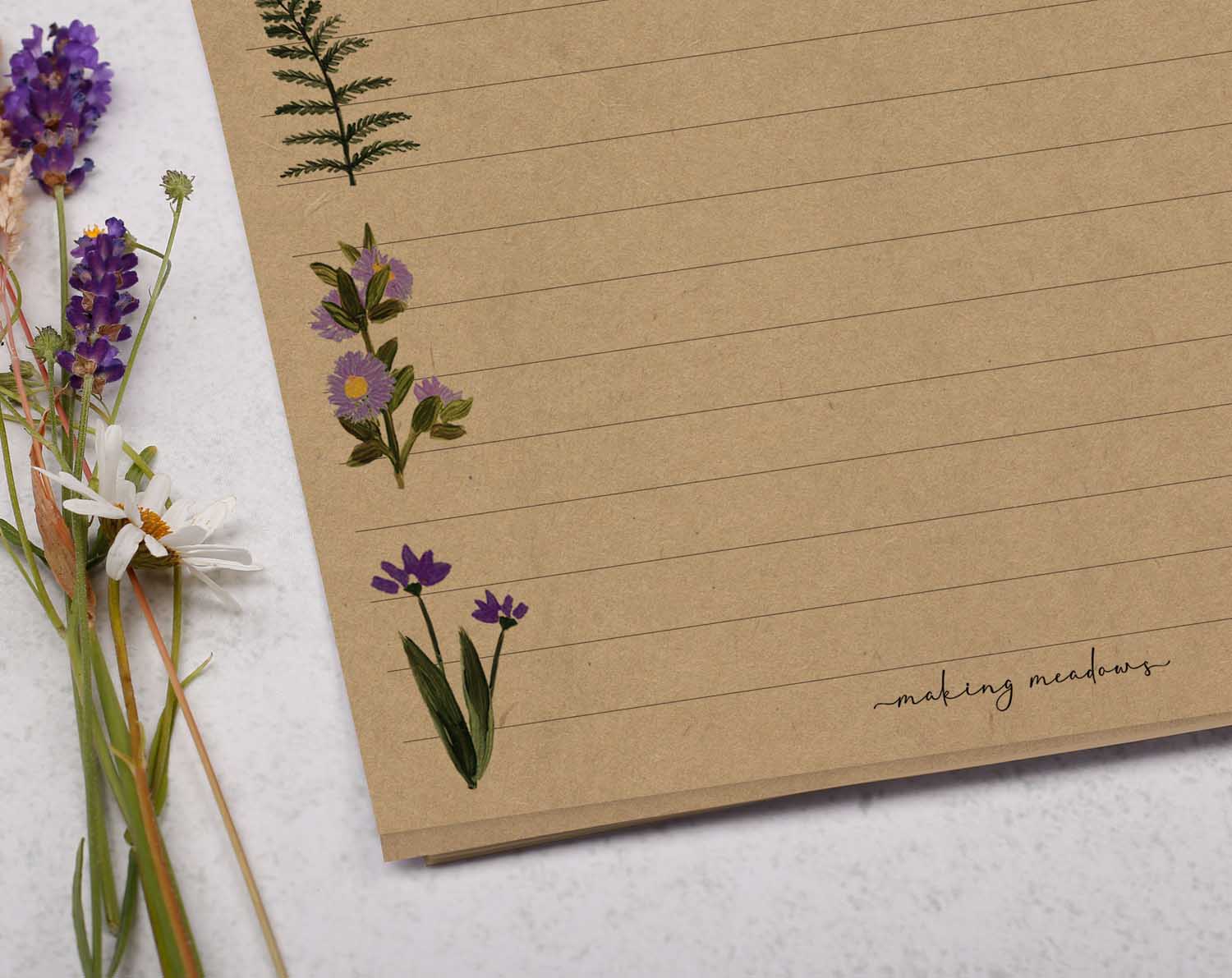 A5 kraft writing paper with purple flowers. Stationery designed by Making Meadows