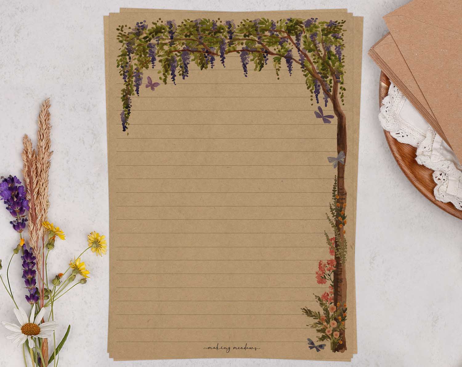 A5 kraft writing paper with wisteria. Stationery designed by Making Meadows