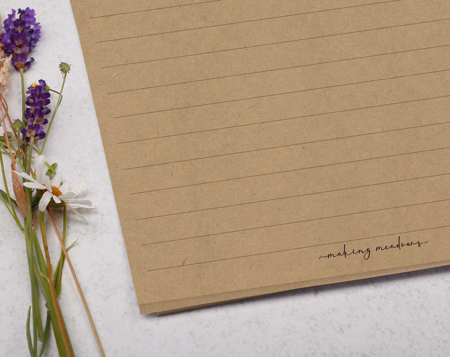 A5 kraft writing paper with wisteria. Stationery designed by Making Meadows