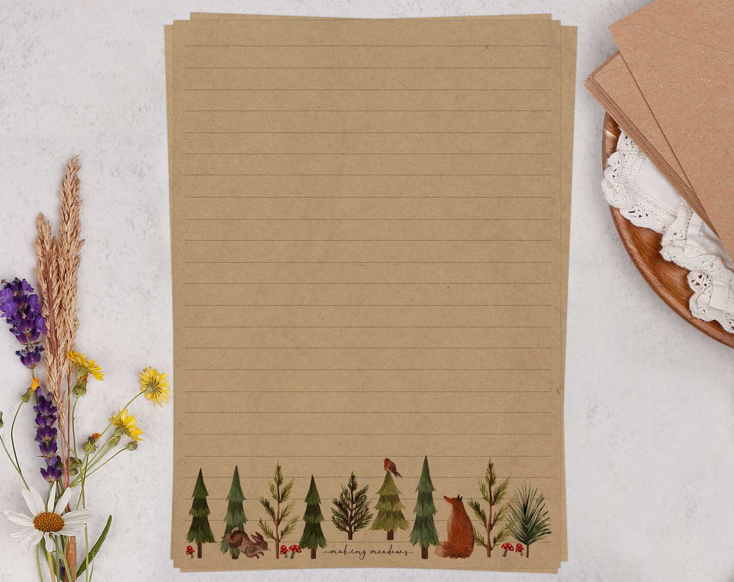 A5 kraft writing paper with woodland animals. Stationery designed by Making Meadows