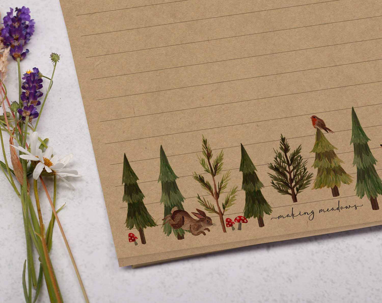 A5 kraft writing paper with woodland animals. Stationery designed by Making Meadows