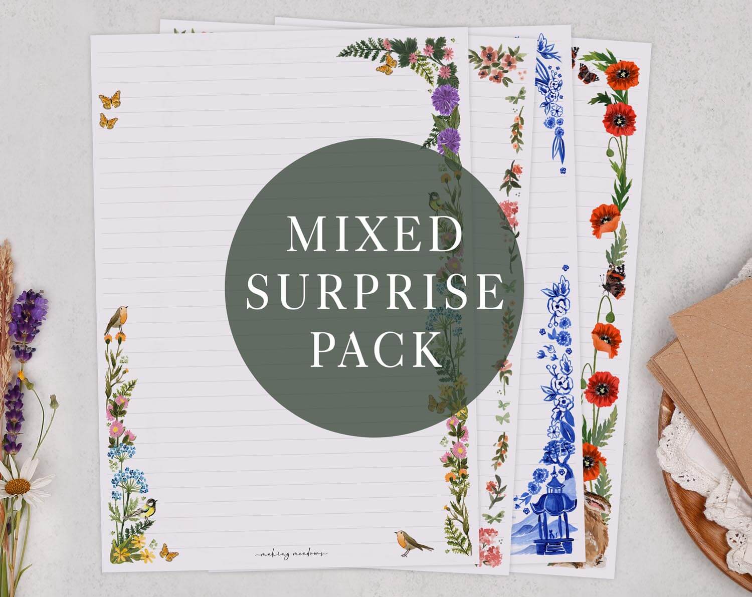 A5 mixed pack writing paper with designs. Stationery designed by Making Meadows