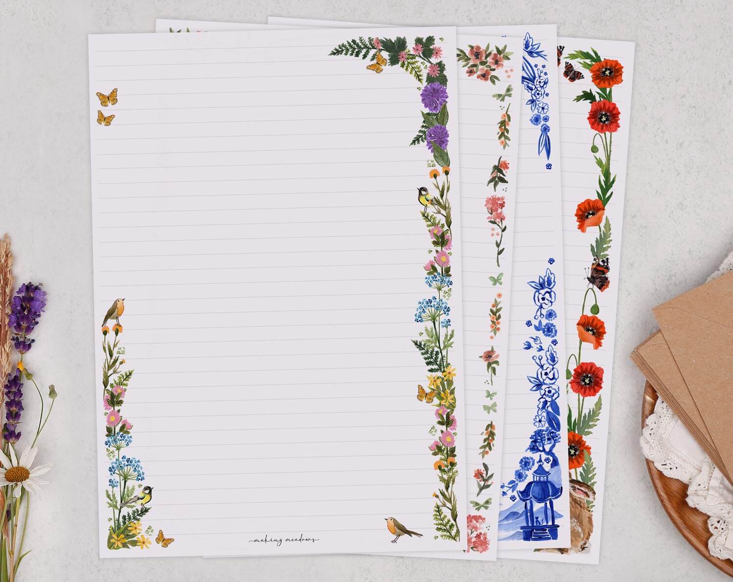 A5 mixed pack writing paper with designs. Stationery designed by Making Meadows