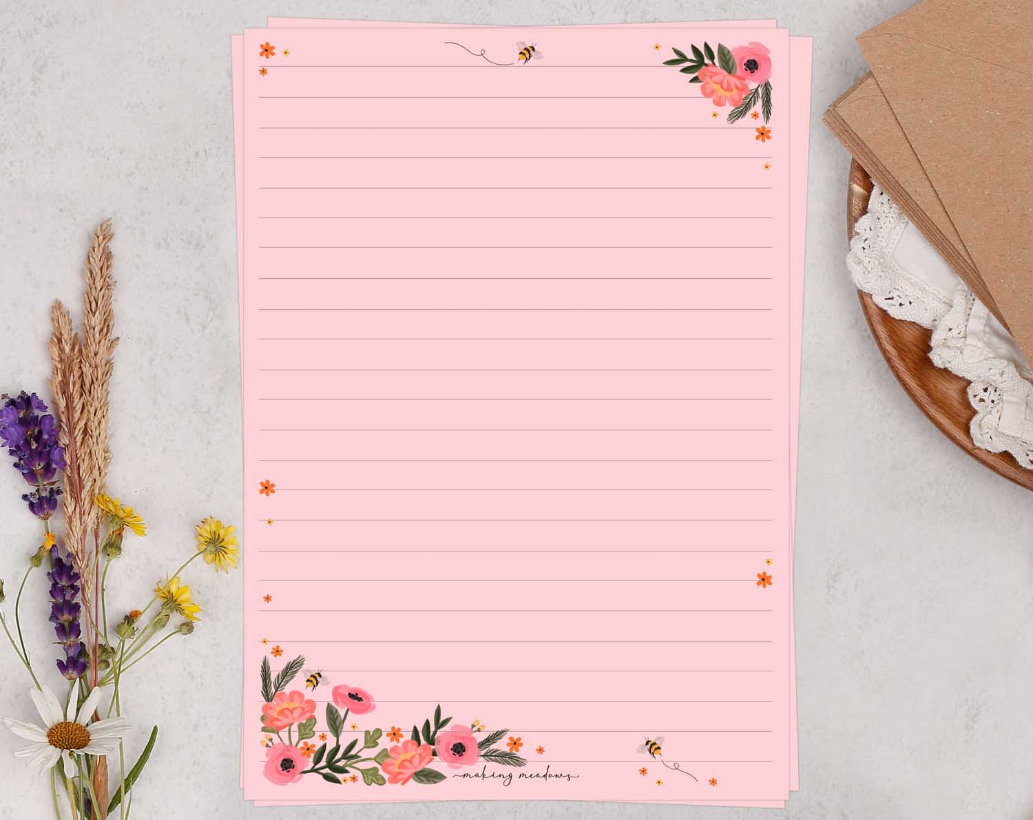 A5 pink writing paper with floral flowers. Stationery designed by Making Meadows