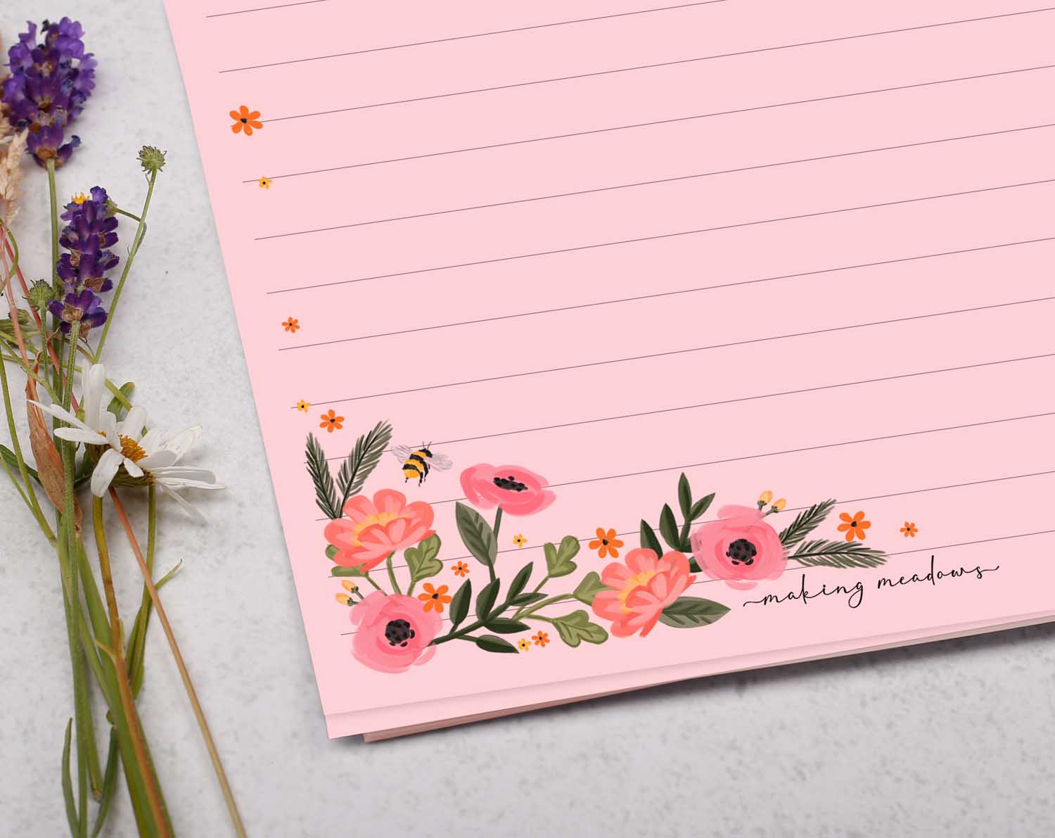 A5 pink writing paper with floral flowers. Stationery designed by Making Meadows
