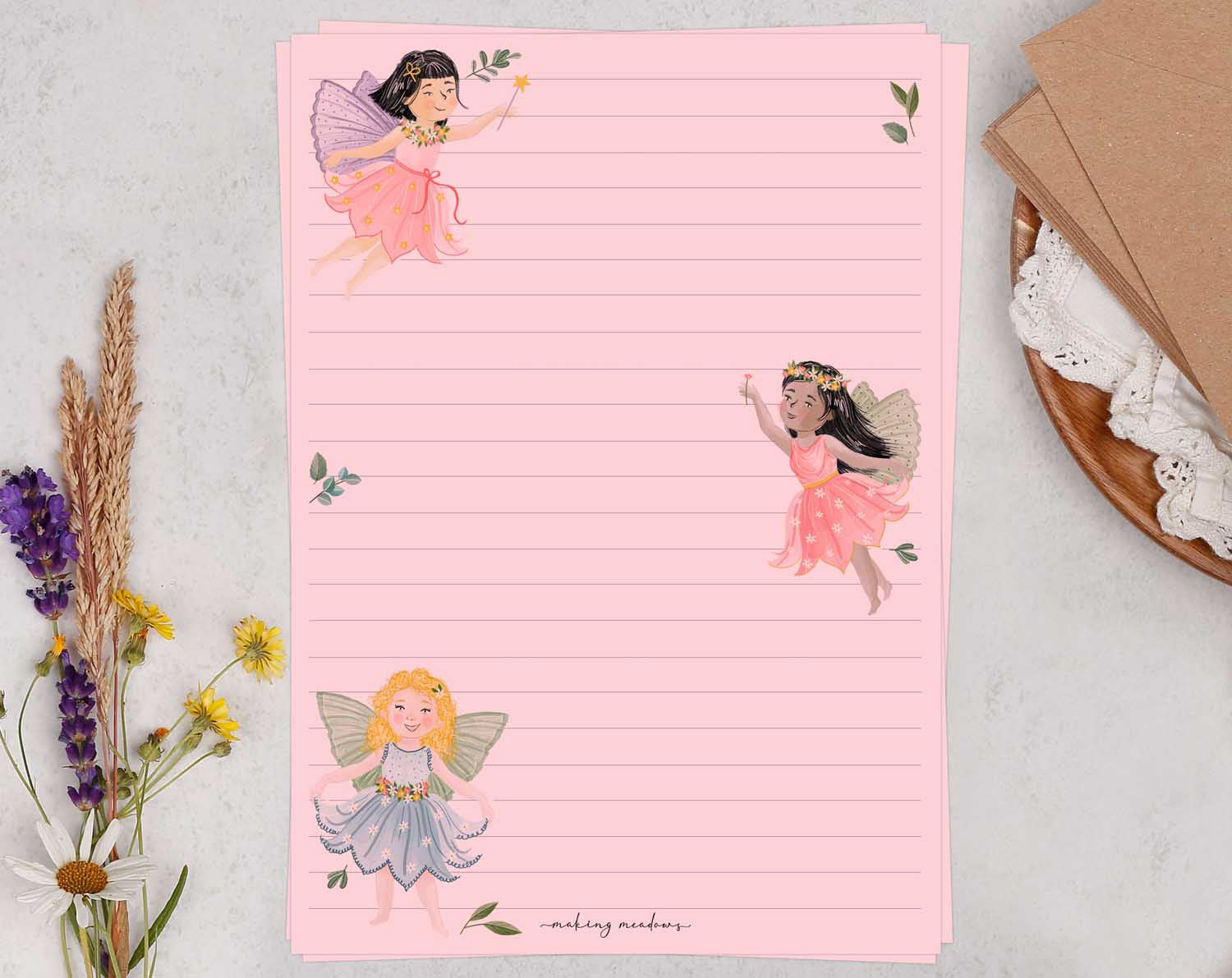 A5 pink writing paper with garden fairies. Stationery designed by Making Meadows