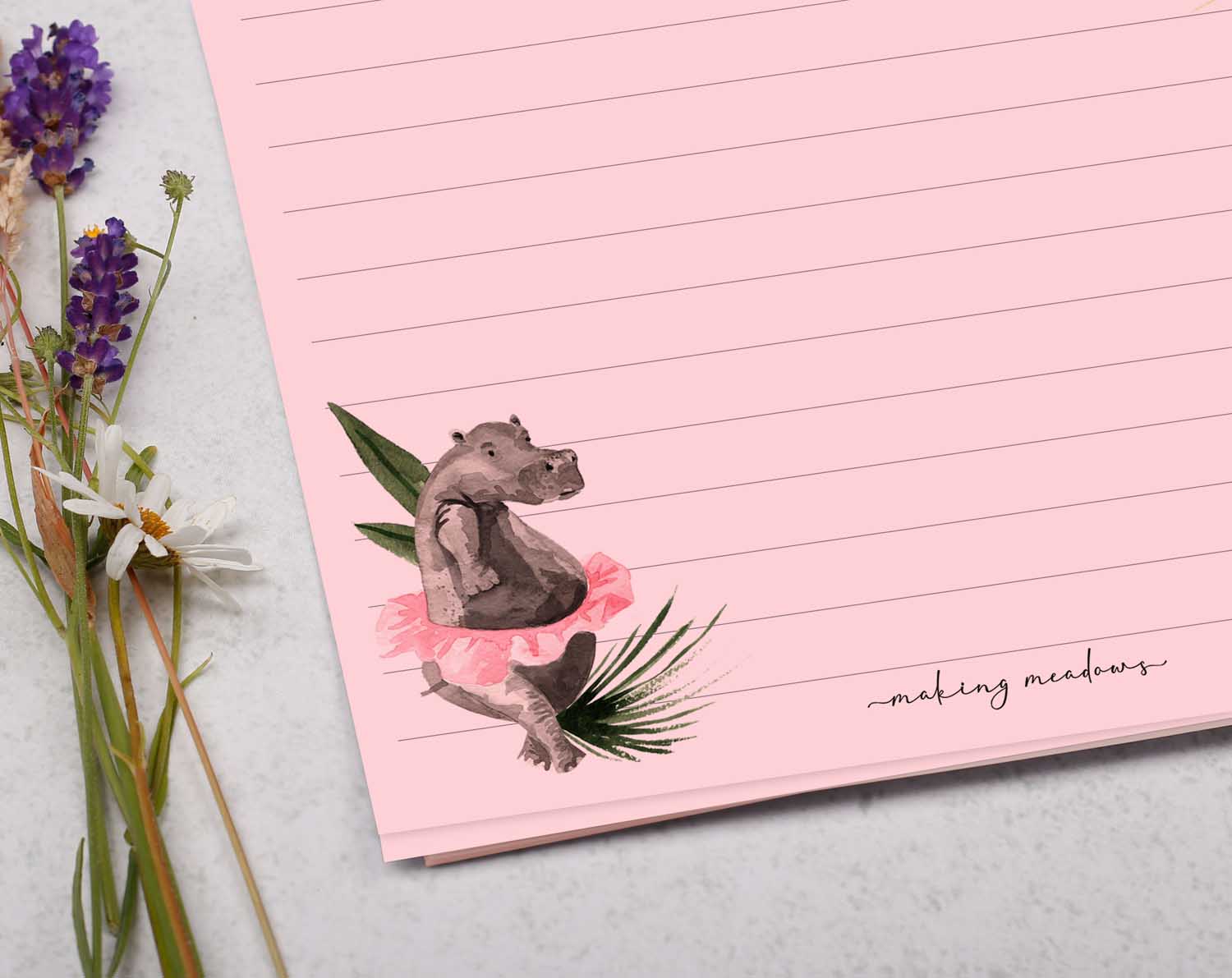 A5 pink writing paper with jungle animals. Stationery designed by Making Meadows