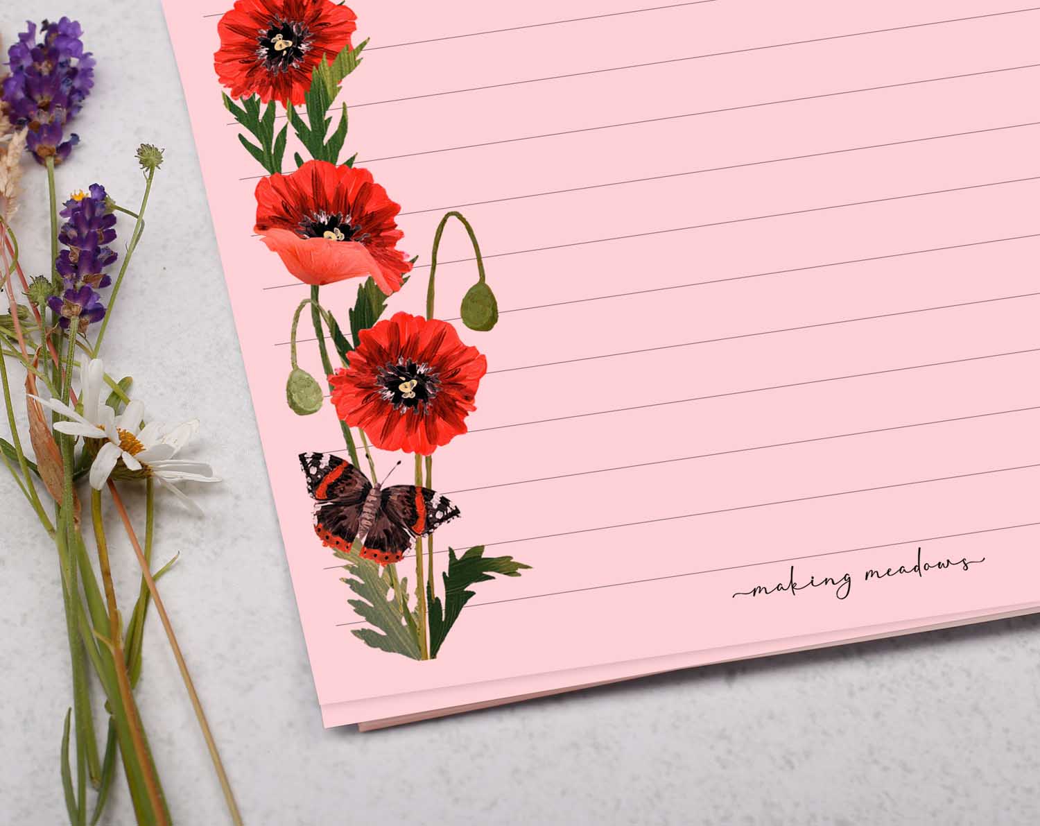A5 pink writing paper with poppy flowers. Stationery designed by Making Meadows