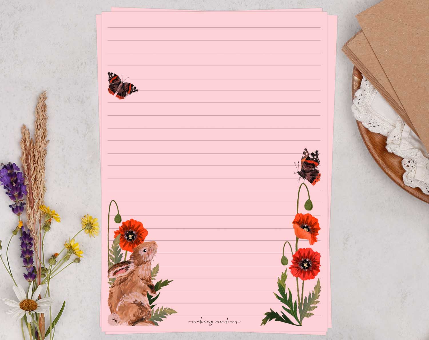 A5 pink writing paper with rabbit. Stationery designed by Making Meadows