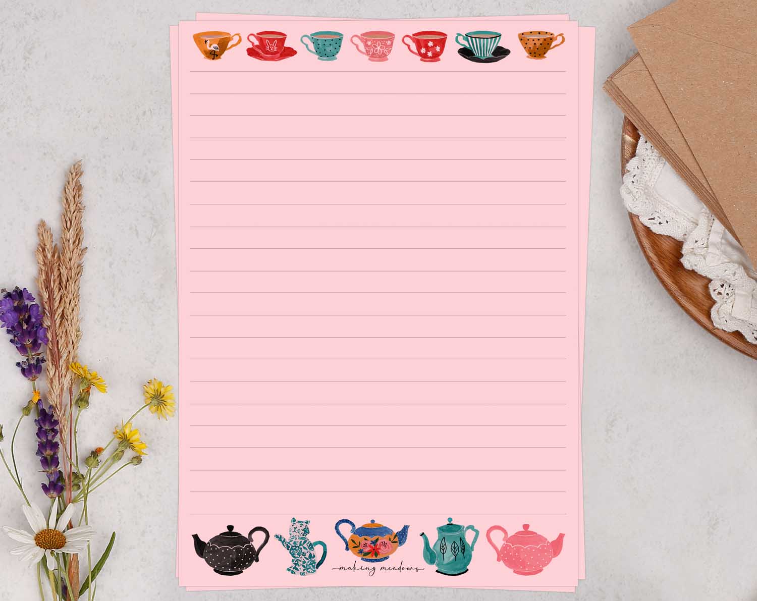 A5 pink writing paper with vintage teapots. Stationery designed by Making Meadows