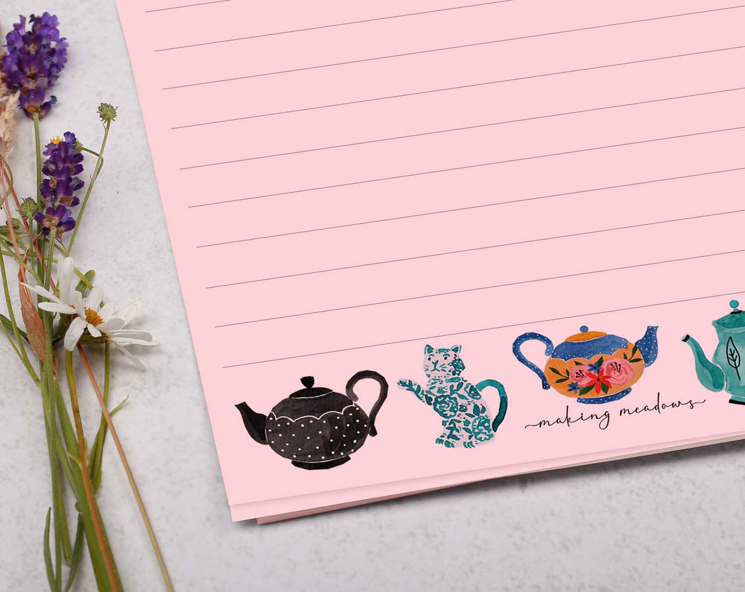 A5 pink writing paper with vintage teapots. Stationery designed by Making Meadows