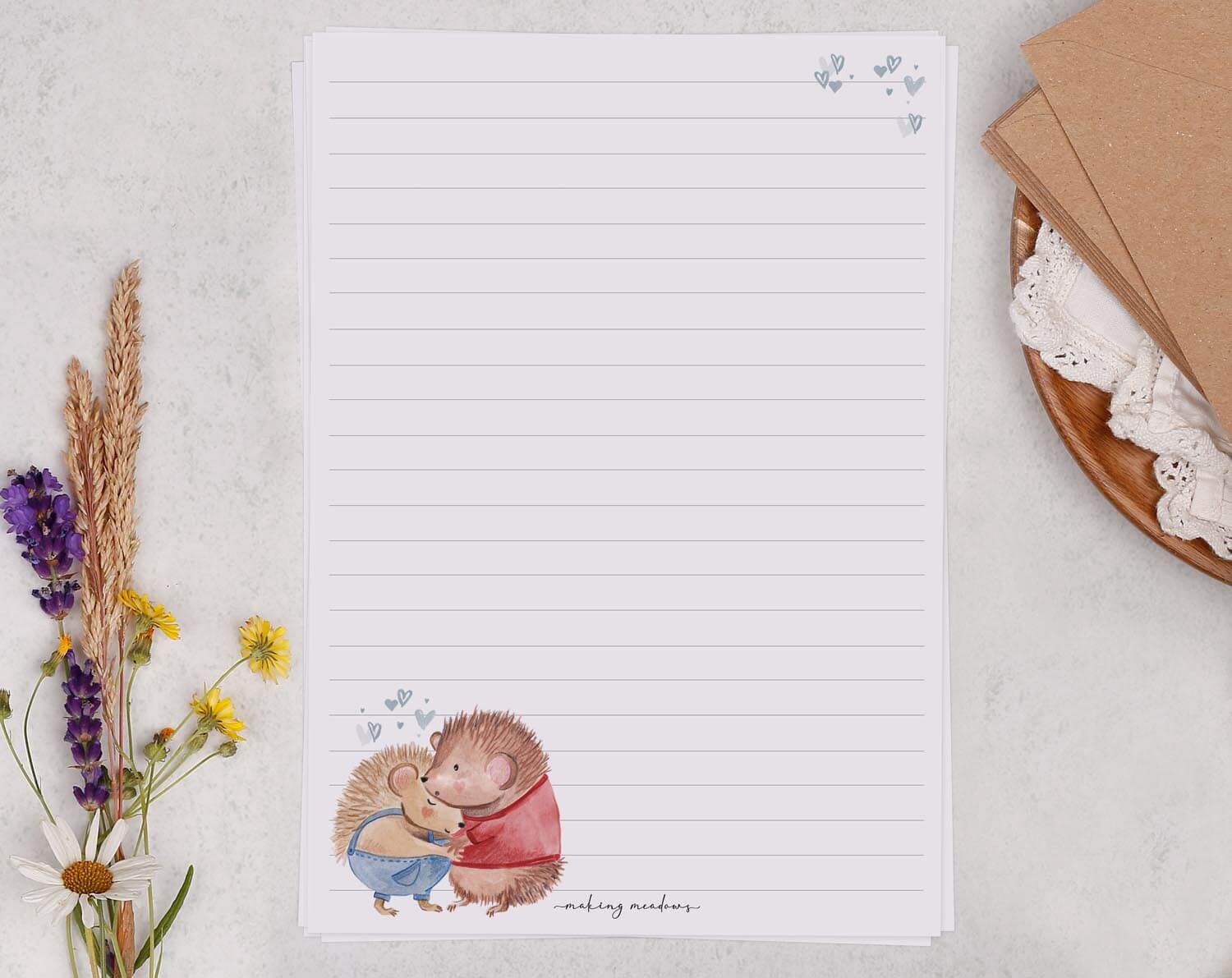 A5 writing paper with hedgehog hug. Stationery designed by Making Meadows