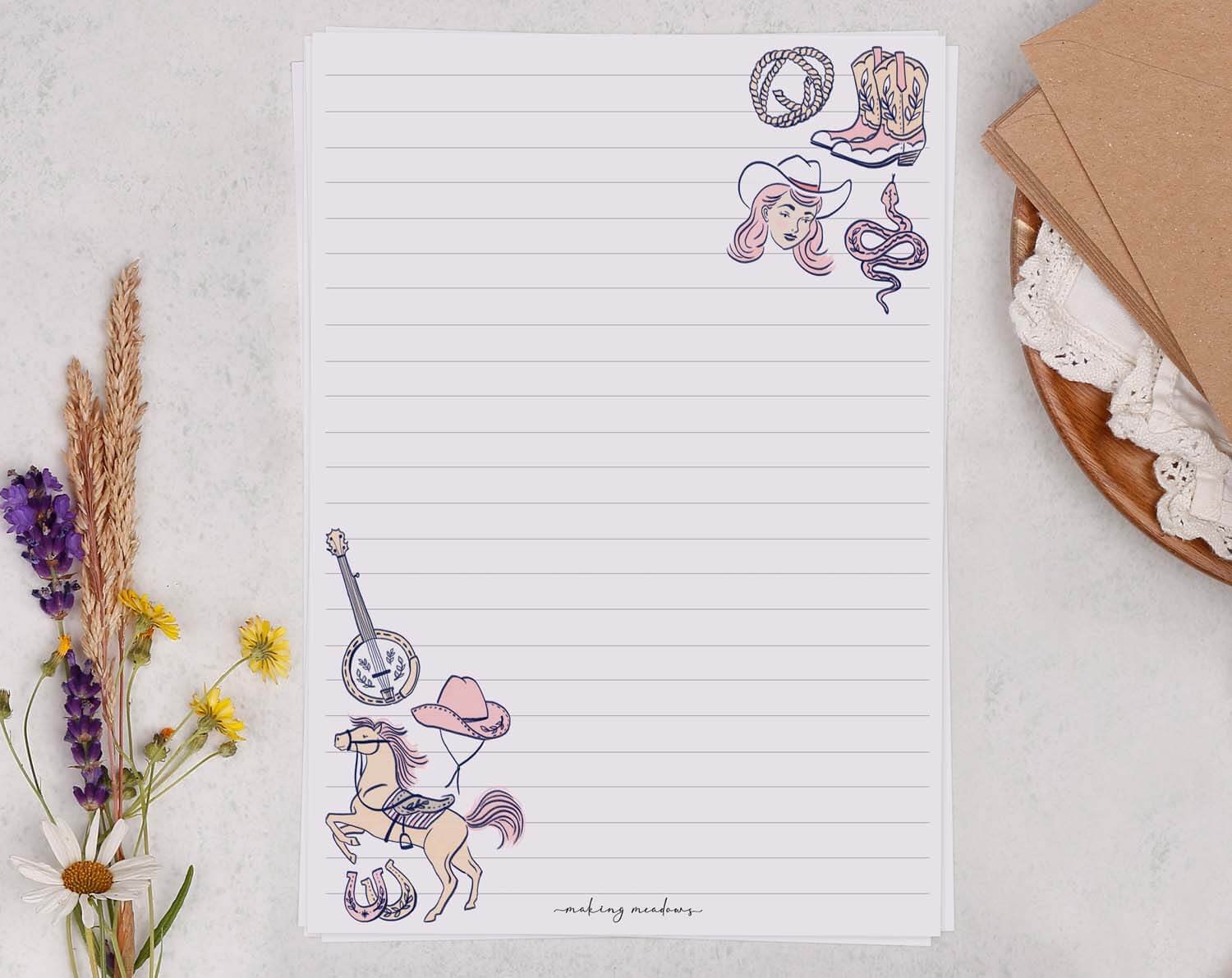 A5 writing paper with horse & cowgirl. Stationery designed by Making Meadows