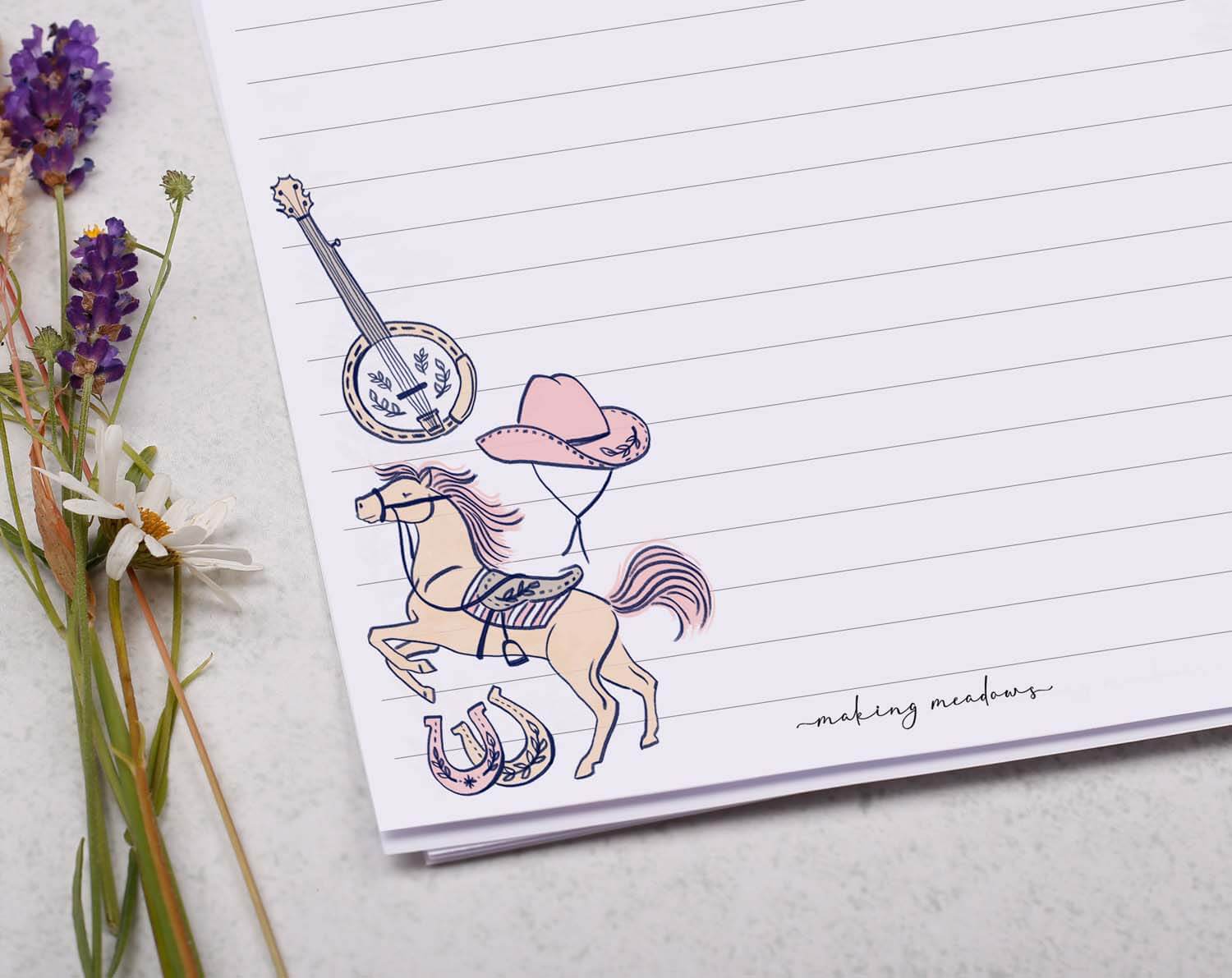 A5 writing paper with horse & cowgirl. Stationery designed by Making Meadows