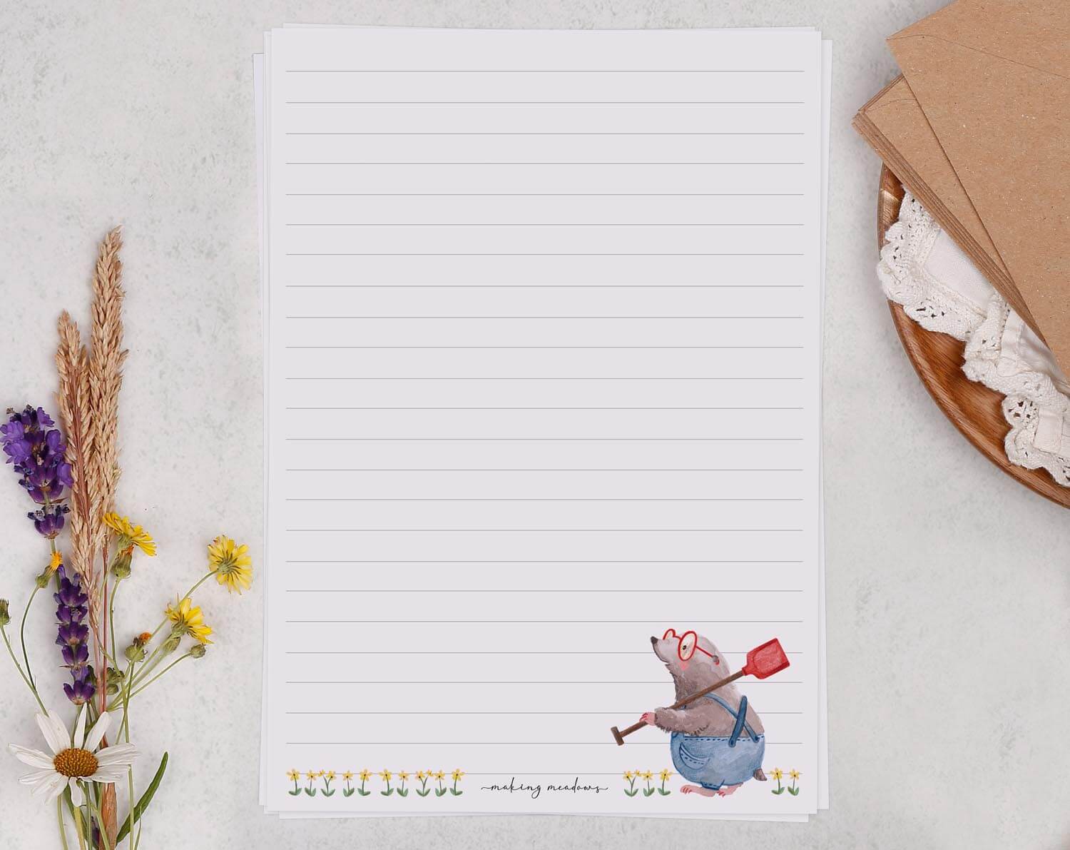 A5 writing paper with mole. Stationery designed by Making Meadows