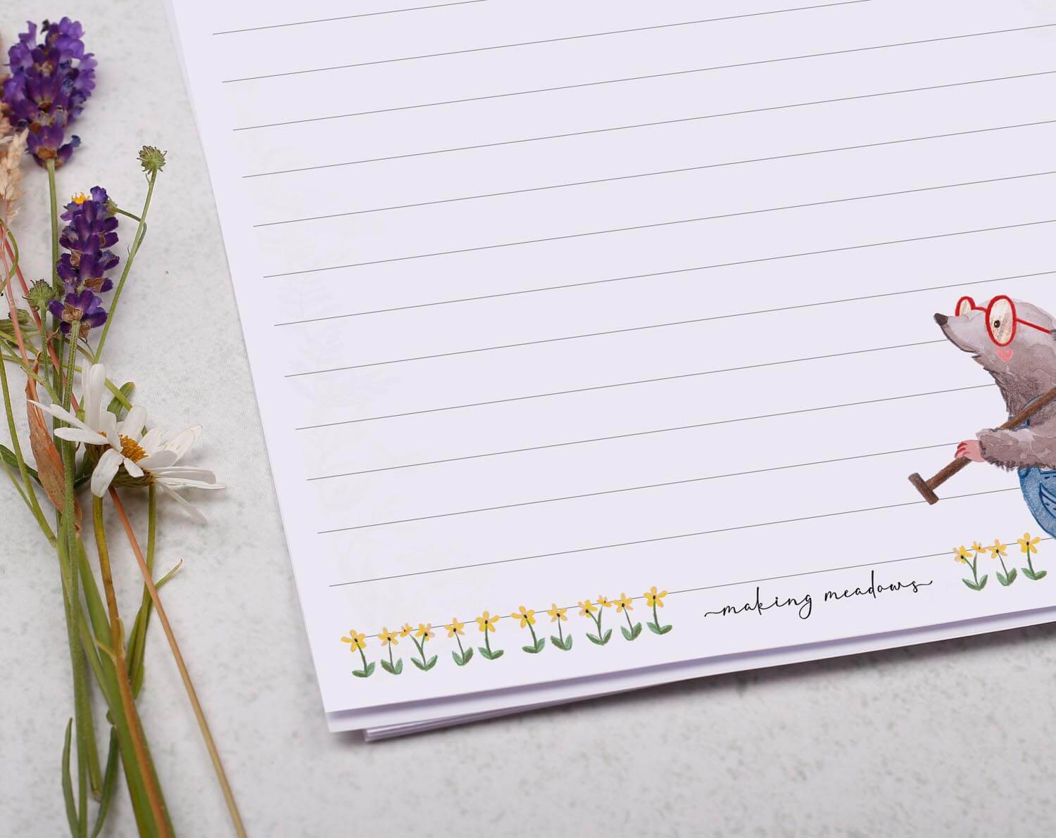 A5 writing paper with mole. Stationery designed by Making Meadows