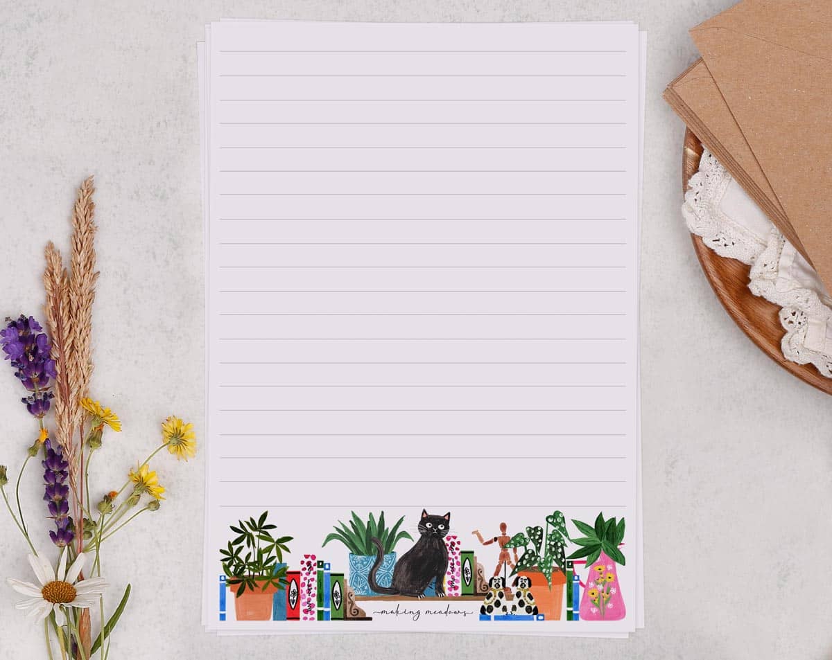 A5 writing paper with plants & books. Stationery designed by Making Meadows