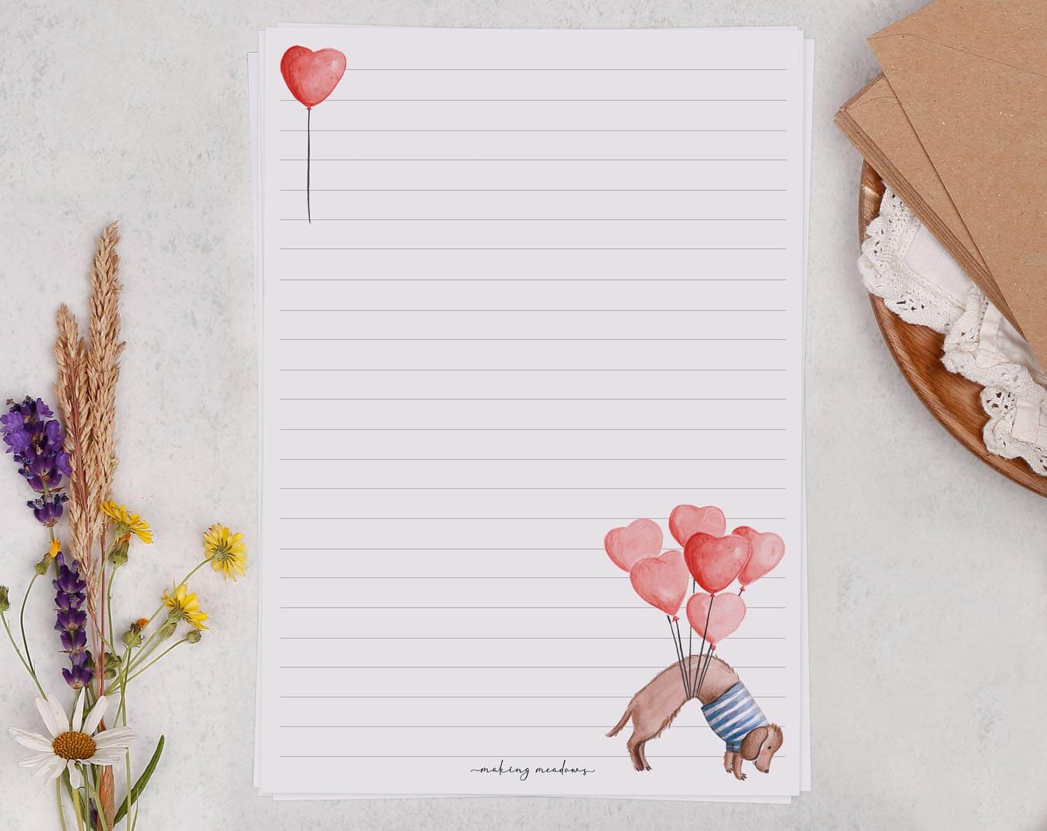 A5 writing paper with sausage dog. Stationery designed by Making Meadows